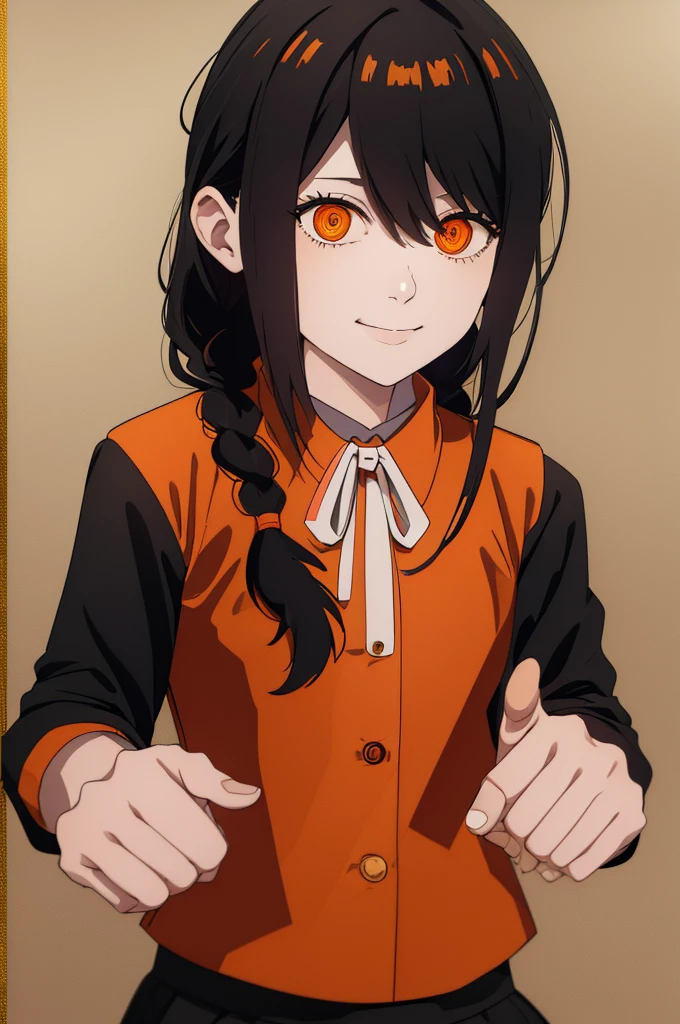 1 girl, solo, Nayuta (chainsaw man), black hair, x hair ornament, long hair, hair ornament, orange eyes, looking at viewer, long sleeves, dress, uniform, smile, ribbon hair, closed mouth, shirt black, hair between eyes, traditional media, (giving half a finger)