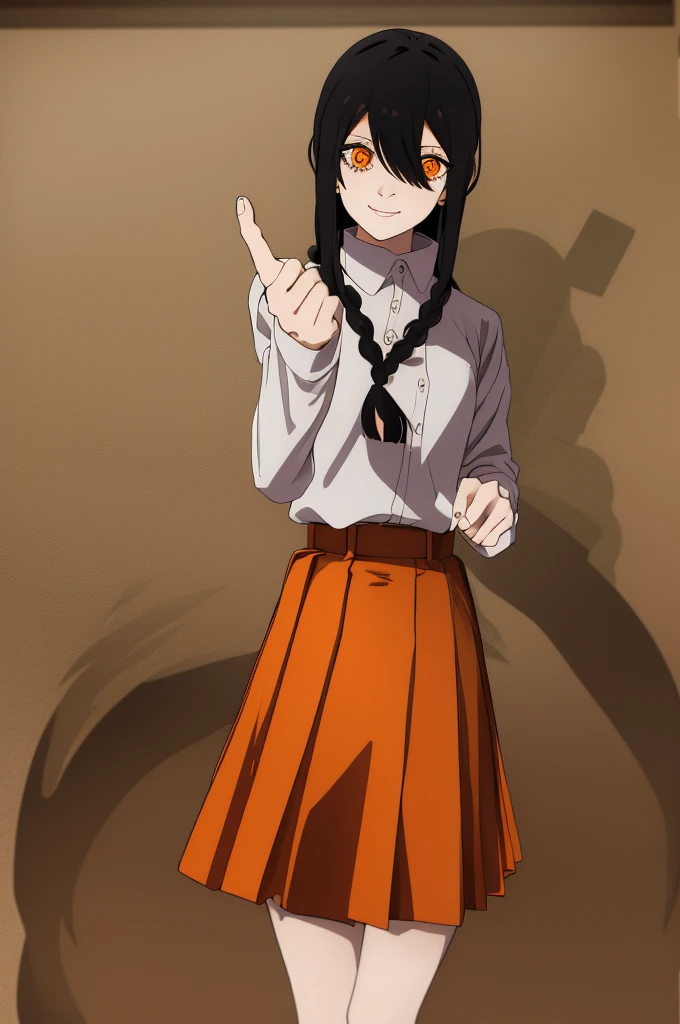 1 girl, solo, Nayuta (chainsaw man), black hair, x hair ornament, long hair, hair ornament, orange eyes, looking at viewer, long sleeves, dress, uniform, smile, ribbon hair, closed mouth, shirt black, hair between eyes, traditional media, (giving half a finger)