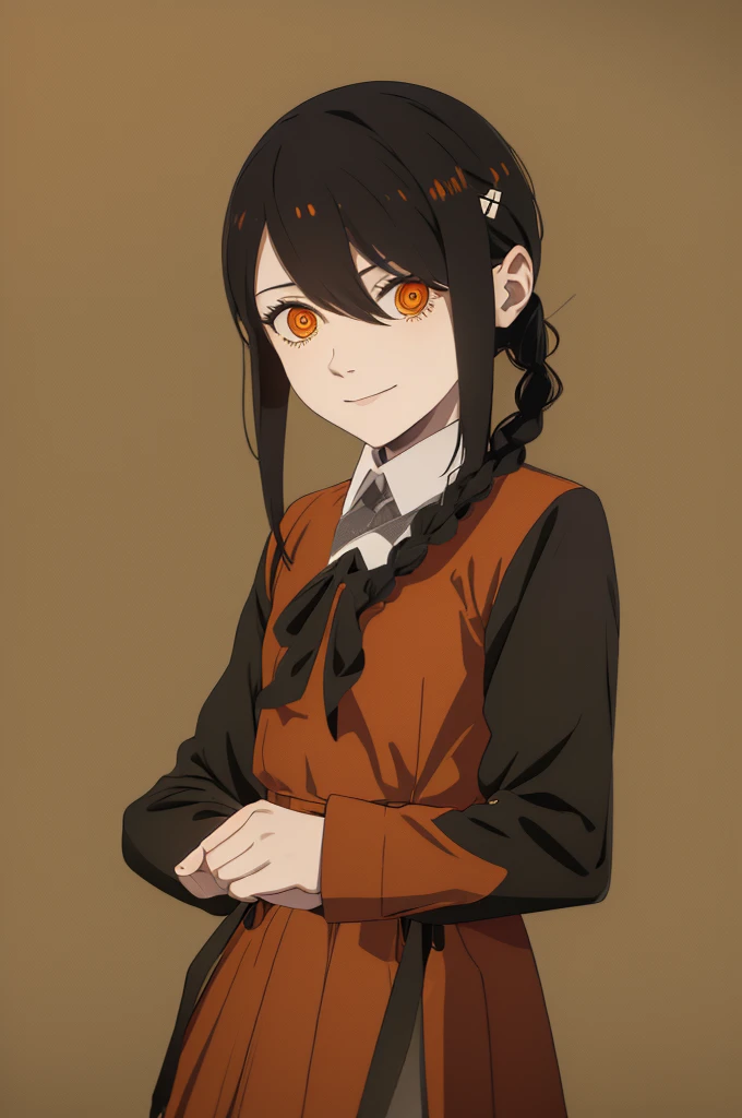 1 girl, solo, Nayuta (chainsaw man), black hair, x hair ornament, long hair, hair ornament, orange eyes, looking at viewer, long sleeves, dress, uniform, smile, ribbon hair, closed mouth, shirt black, hair between eyes, traditional media, (giving half a finger)