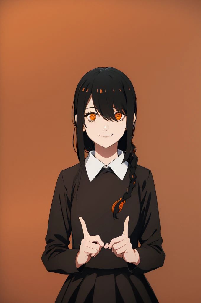 1 girl, solo, Nayuta (chainsaw man), black hair, x hair ornament, long hair, hair ornament, orange eyes, looking at viewer, long sleeves, dress, uniform, smile, ribbon hair, closed mouth, shirt black, hair between eyes, traditional media, (giving half a finger)