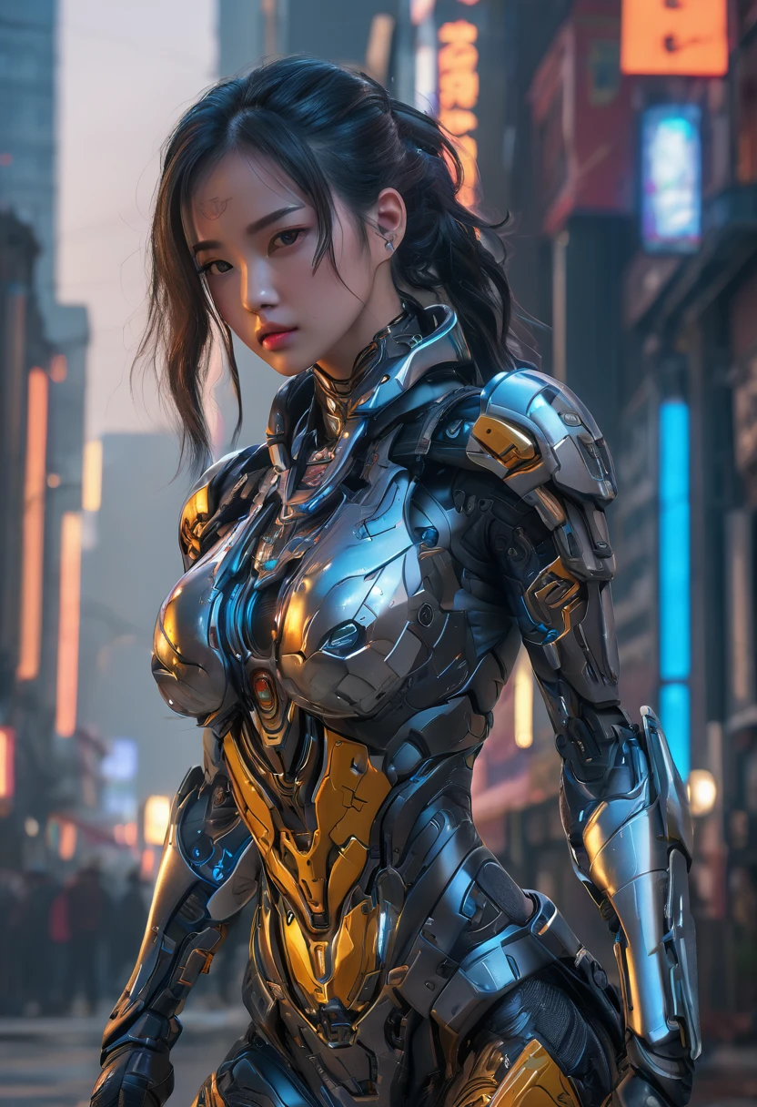 A very skilled and beautiful female cyborg warrior、Exquisite Machine Parts、Glowing Cybernetic Enhancements、Perfect Skin、Delicate facial features、Beautiful and detailed eyes、Sharp Nose、full, Beautiful and detailed lips、Long eyelashes、Highly detailed eyes and face、Perfect and ideal proportions、Big Breasts、Tight waist、Big Ass、Captivating look、Six Pack、belly button、tattoo、Dramatic lighting、Cinematic composition、Bright colors、Intricate futuristic armor、Graceful pose、Sharp Eyes、(Highest quality、4K、8K、High resolution、masterpiece:1.2)、Super detailed、(Real、Photorealistic、Photorealistic:1.37)、Complex Machinery、Advanced Technology、Dynamic Action、Dramatic Shadows、Cinematic Angles、intense expression、Dramatic lighting、Neon Highlights、Complex patterns、Futuristic Setting、Super detailedな顔、Cinematic composition、Dynamic pose、Intense atmosphere、Rich colors、Advanced weapons、clear cybor、