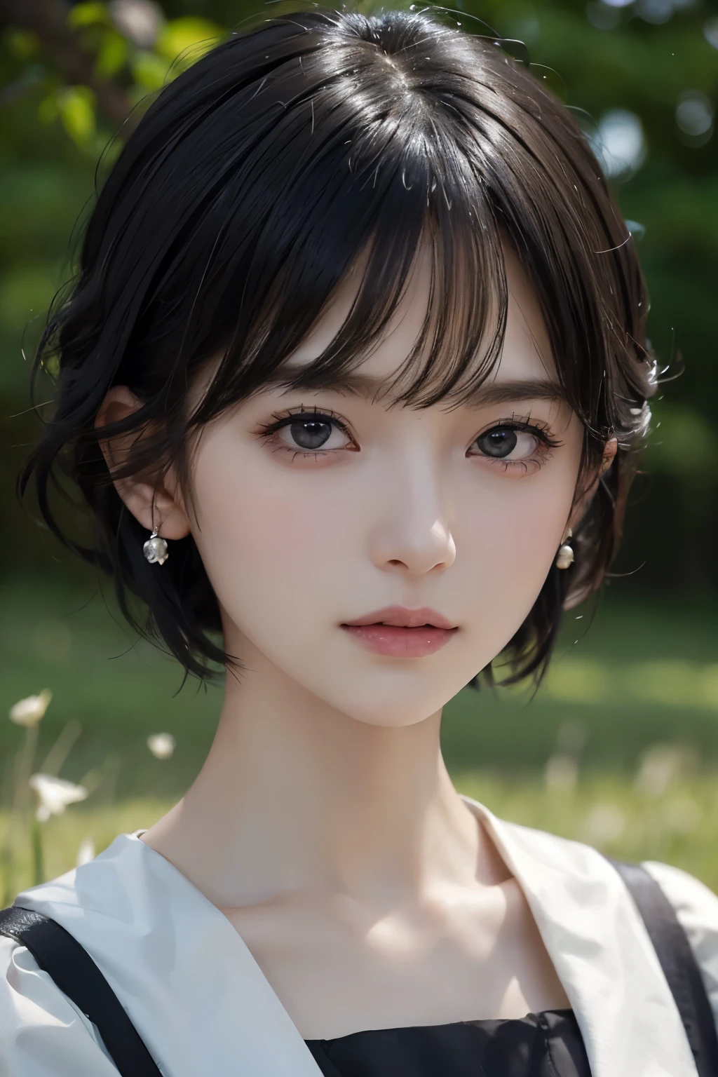 (((Black Short Hair))), (grassland), Seductive pose, 背景がgrassland、Image from chest up:1.6)、Close-up portrait of a woman wearing a white off-the-shoulder top dress and earrings, Soft portrait shot 8k, Nice delicate face, High-quality 4K portraits, High-quality portraits, Soft, perfect, pale skin, 8K Highly Detailed Face, なbeautiful繊細な顔, beautiful光の大きな目, Beautiful and realistic face, beautiful14Old woman, Beautiful and realistic face, cute14Old woman
