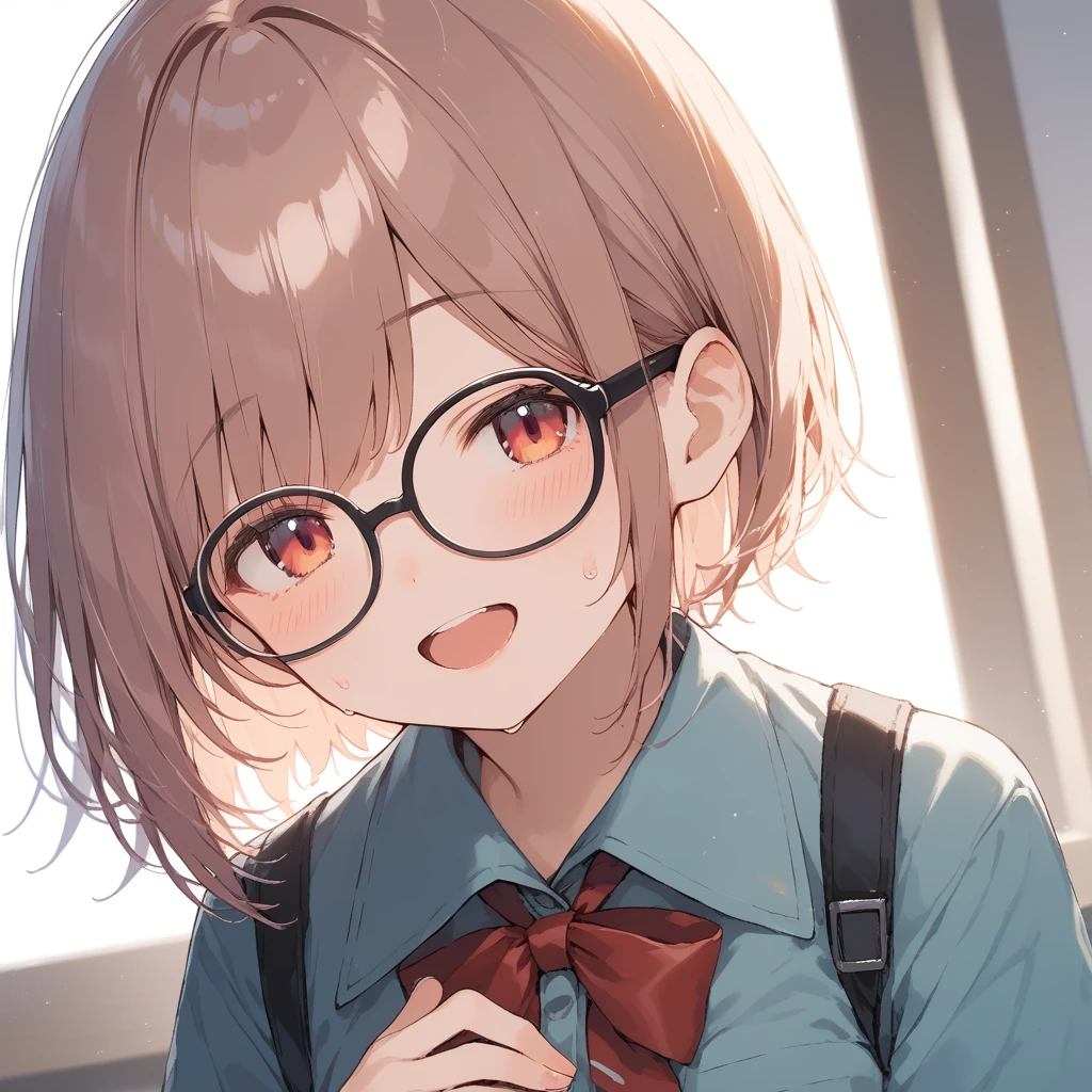 score_9, score_8_up, score_7_up, source_anime, best quality, masterpiece, official art, absurdres, highres, ultra-detailed,waifu2x,Collection: Slice of Life,break,1girl, very short hair,pixie cut, long bangs, glasses, uniform, small breasts, sweat, open mouth, (wavy mouth:0.3), indoors, sit, summer, break,dewy skin, perspiration on the skin,skin texture, fine lines, pores, natural imperfections,light reflections, glossy skin, shiny skin,break,(clear line illustration:1.2),very high resolution, very aesthetic, Best sexual lighting powered by famous artist, 8k,cute picture,beauty illustration,photoshop_(medium),,(Detailed Lighting),best anime 8k konachan wallpaper, pixiv contest winner,