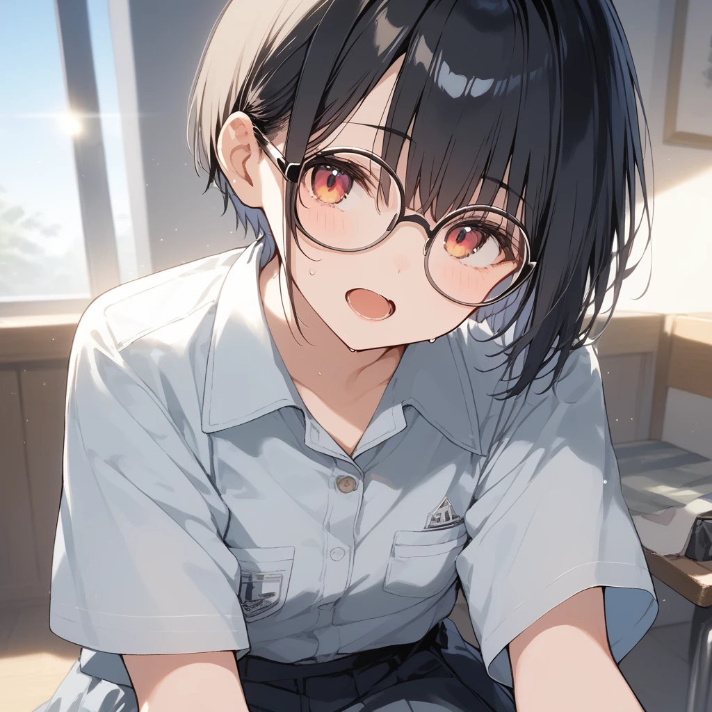 score_9, score_8_up, score_7_up, source_anime, best quality, masterpiece, official art, absurdres, highres, ultra-detailed,waifu2x,Collection: Slice of Life,break,1girl, very short hair,pixie cut, long bangs, glasses, uniform, small breasts, sweat, open mouth, (wavy mouth:0.3), indoors, sit, summer, break,dewy skin, perspiration on the skin,skin texture, fine lines, pores, natural imperfections,light reflections, glossy skin, shiny skin,break,(clear line illustration:1.2),very high resolution, very aesthetic, Best sexual lighting powered by famous artist, 8k,cute picture,beauty illustration,photoshop_(medium),,(Detailed Lighting),best anime 8k konachan wallpaper, pixiv contest winner, 