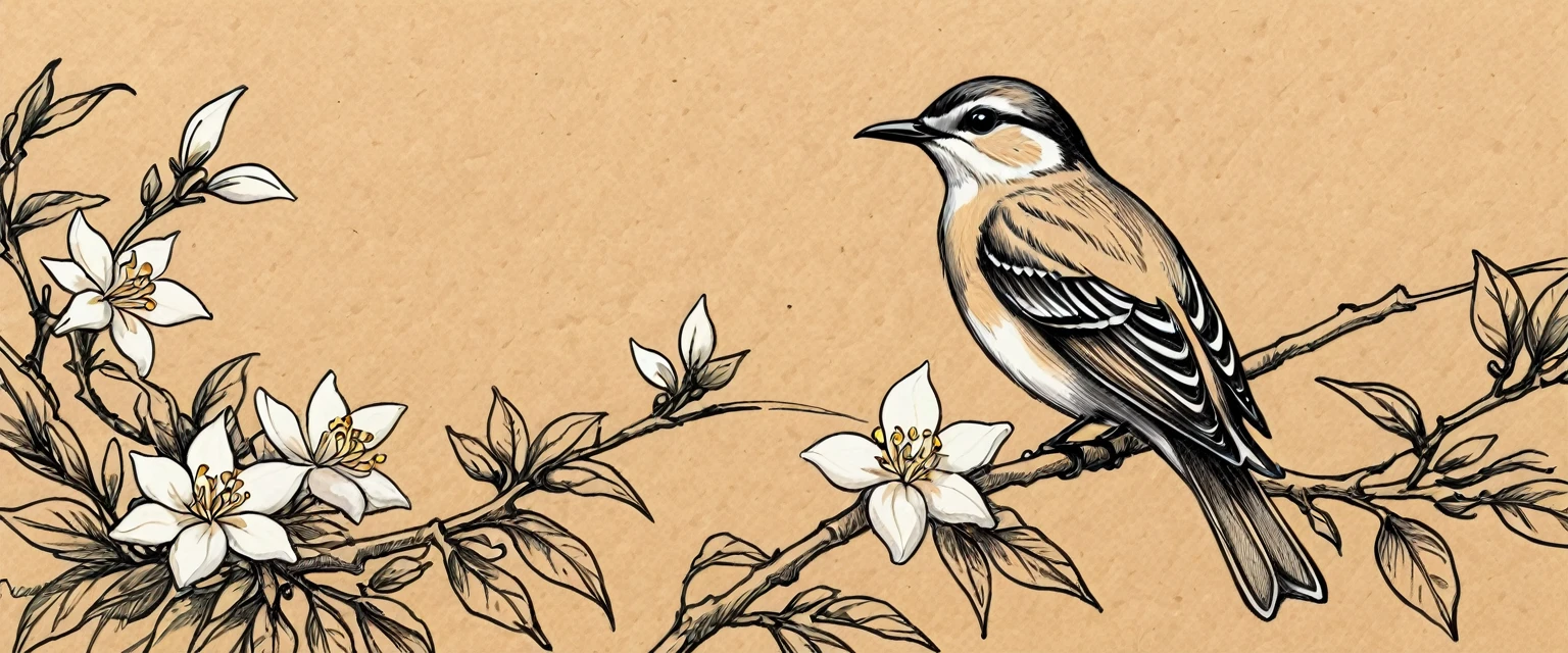 Kraft background:Pen drawing,Jasmine,bird,Center Focus