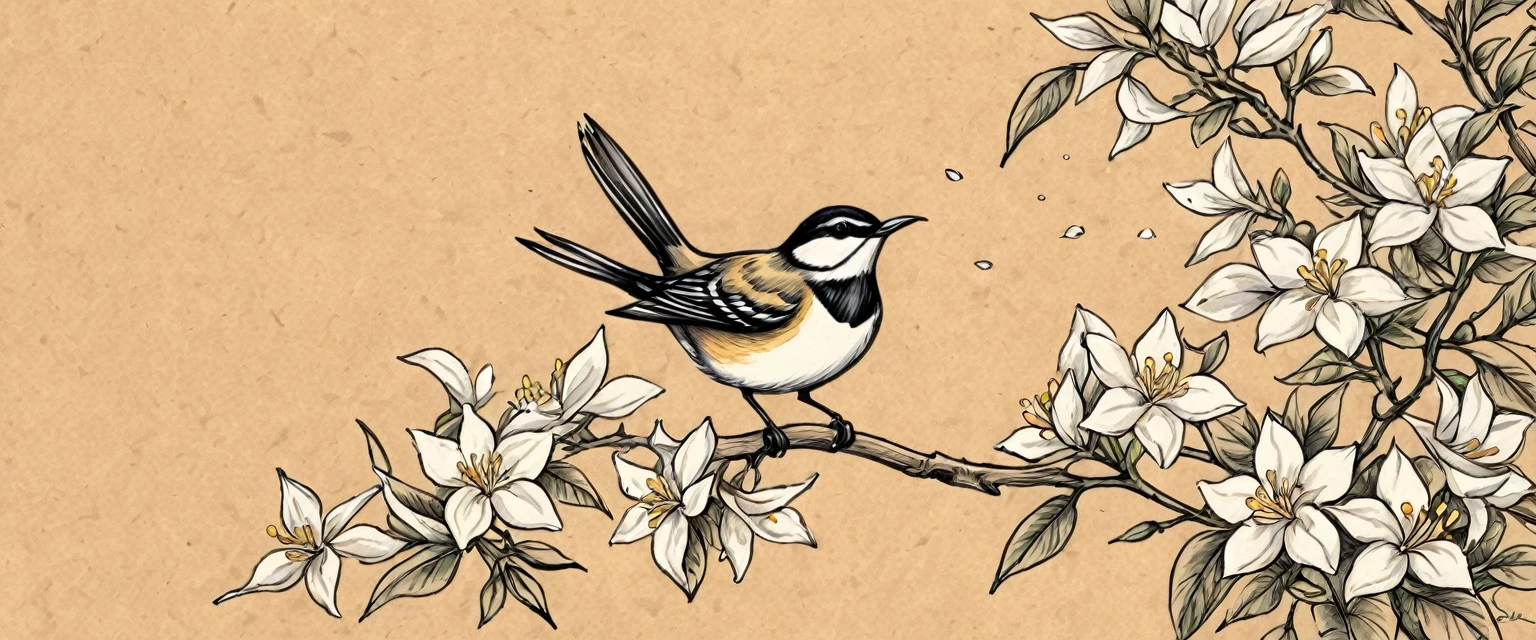 Kraft background:Pen drawing,Jasmine,bird,Center Focus