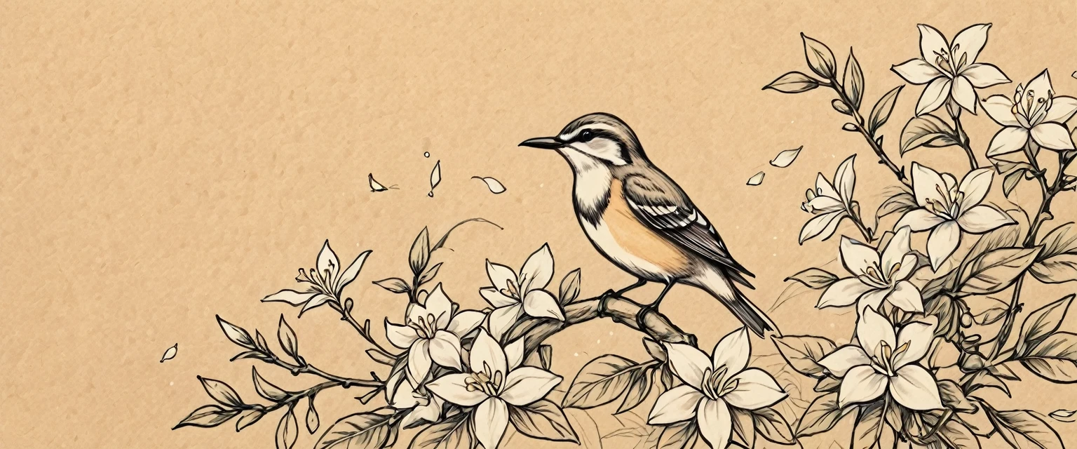 Kraft background：Pen drawing，Jasmine，bird，Center Focus