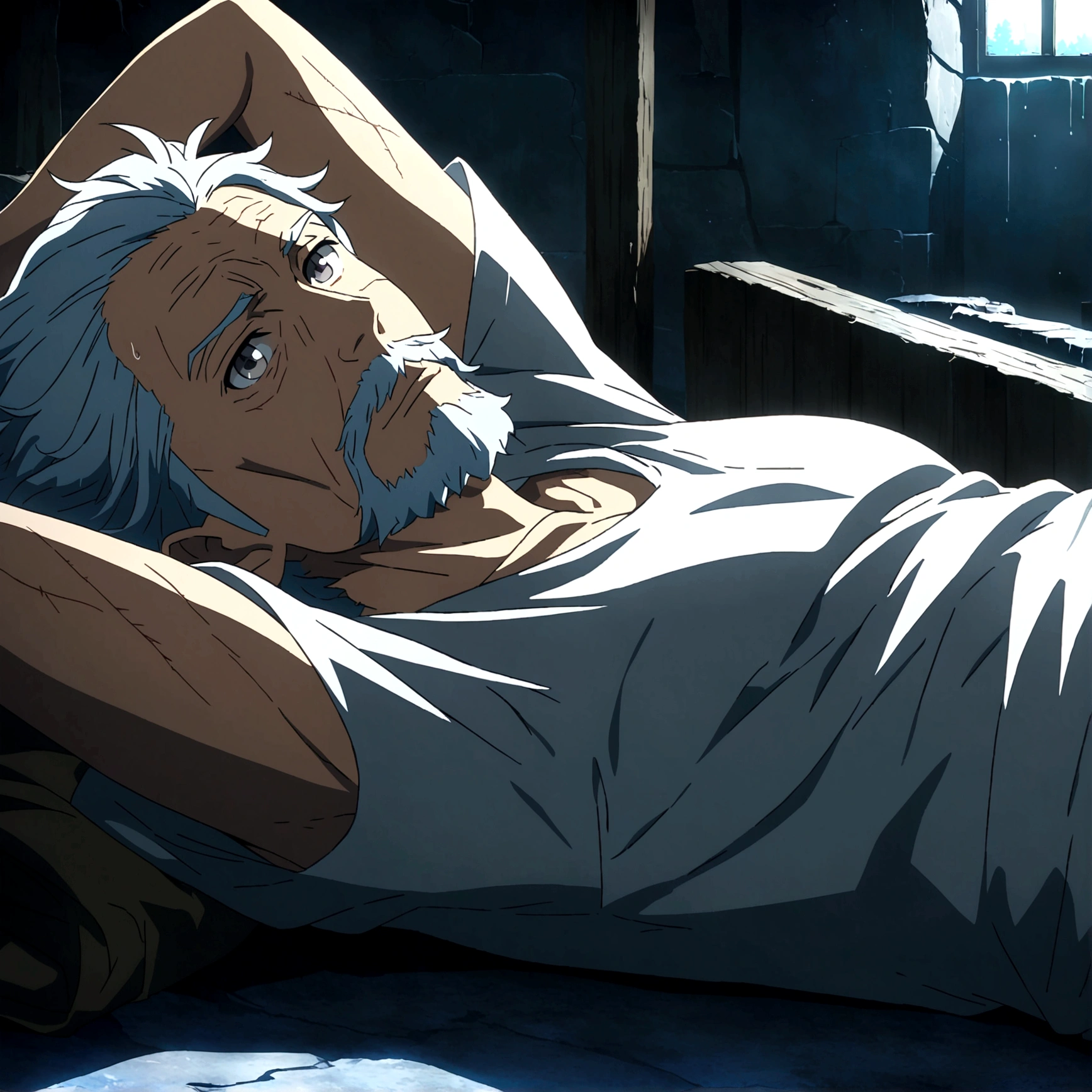 Old man, thin and defined body, gray blue hair, gray beard, gray eyes, scars all over the body, open gray old t-shirt, relaxed expression of laziness, lying down pose with arms behind the head, "Anime features inspired by One Piece, drenched in dramatic and incredible lighting, dramatic lighting, infused with creative details, ultra-fine 2D design, scenery bathed in creativity, bathed in creativity, boasting HD anime resolution clarity, HD anime graphics, high-octane rendering"