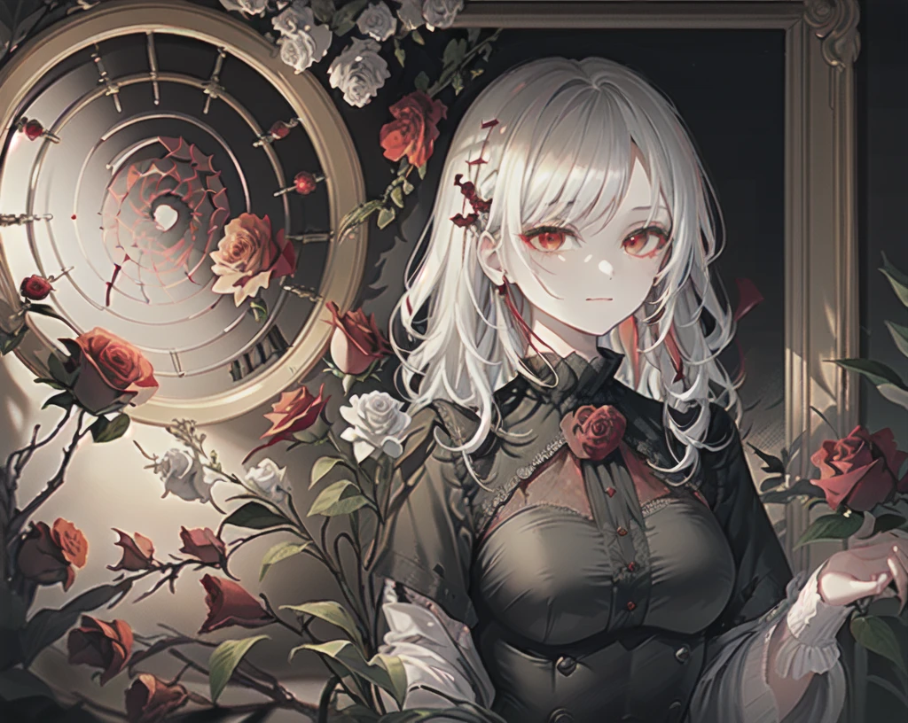 (best quality, masterpiece), (1girl, solo, black dress, standing , looking at viewer, white hair, red eyes, holding rose, closed mouth, upper body), (red dreamcatcher behind, red flower, )