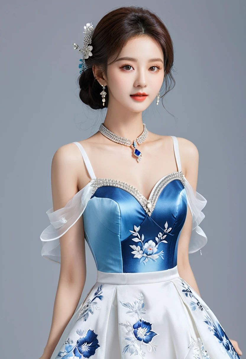 Realistic photo style, whole body 사진에 아름다운 아시아 소녀가 등장합니다., Wearing a unique ethnic style evening gown with delicate skin., bright and lively eyes, Thick eyelashes that look especially attractive. Long dresses are slim and elegant., Eye-catching silver jewelry and alcohol. The high-collar design adds an elegant atmosphere., Color of blue and white porcelain. using light and shadow, The vivid and harmonious appearance of the protagonist is highlighted... whole body, (masterpiece, best quality, professional, perfect composition, very aesthetic, absurd, very detailed, intricate details:1.3)