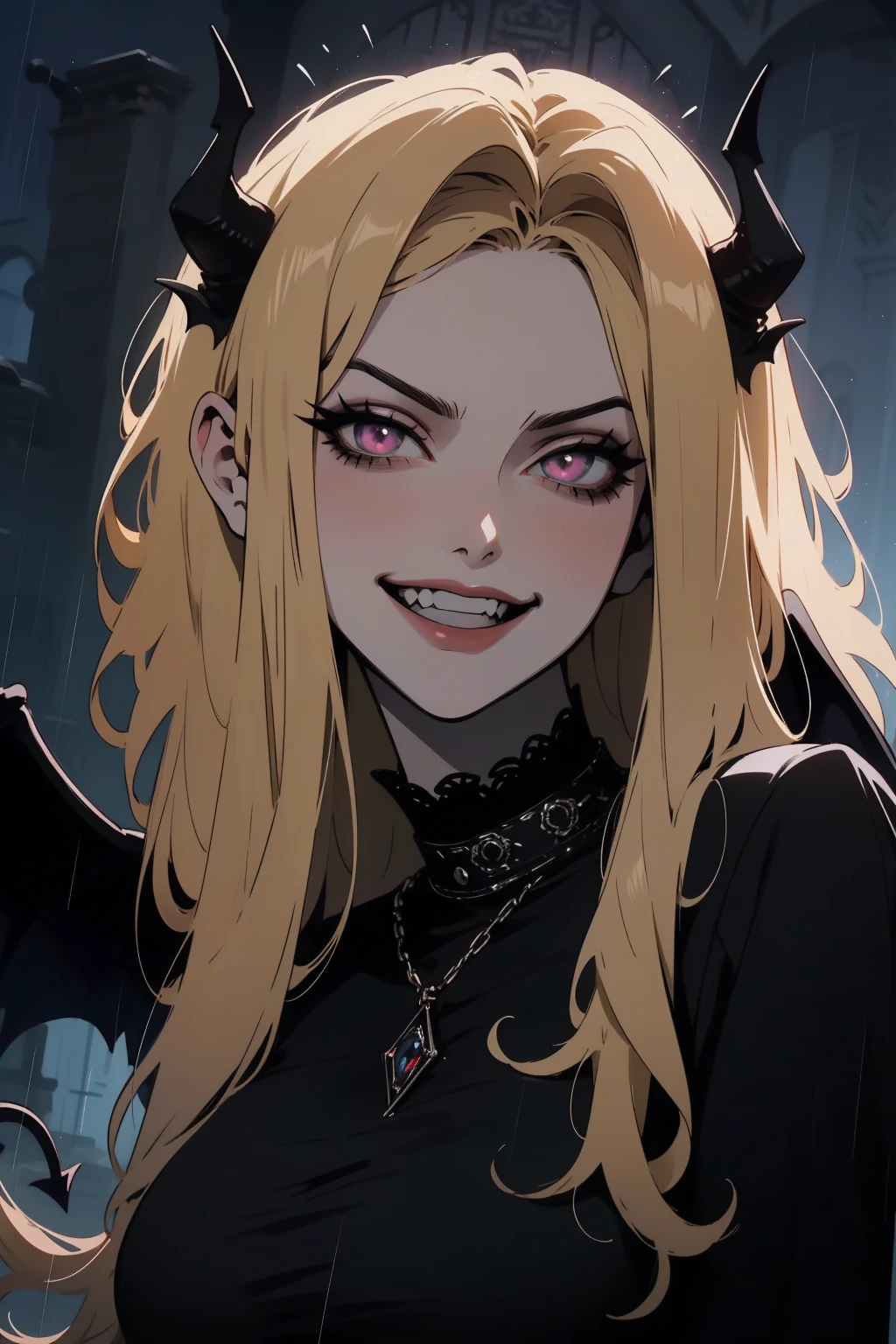 (outside, scary castle, raining, evening, soft light, dim lit, moody vibe, horror \(theme\), ), (insanely detailed, beautiful detailed face, masterpiece, best quality), 1girl, succubus, demon girl, mature female, black hair, pink eyes, grin, smirk, demon horns, black tail, black demon wings, whole body, walking on the ground