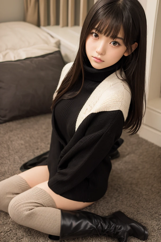 15 years old Japanese melancholy Pleated skirt Black turtleneck sweater Knee-high boots