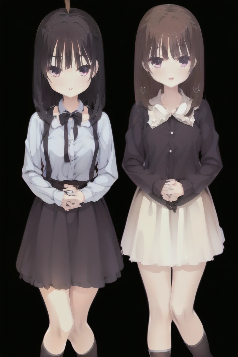 1girl,smiling,bangs,brown_hair,独奏,black_hair,closed_eyes,short_hair,lips,pink_blouse,black_skirt,Thigh-high socks,jirai_fashion,Character portrait, whole body, expensive_solve, clear_image, expensive_Contrast, 8K, Sparkling, beautiful_detailed_face_and_eye, (Brown Hair:1.25), 白 eye,Black background,full body, Character portrait, whole body, expensive_solve, clear_image, expensive_Contrast, 8K, Sparkling, beautiful_detailed_face_and_eye, (Black Hair:1.25), 白 eye,Black background