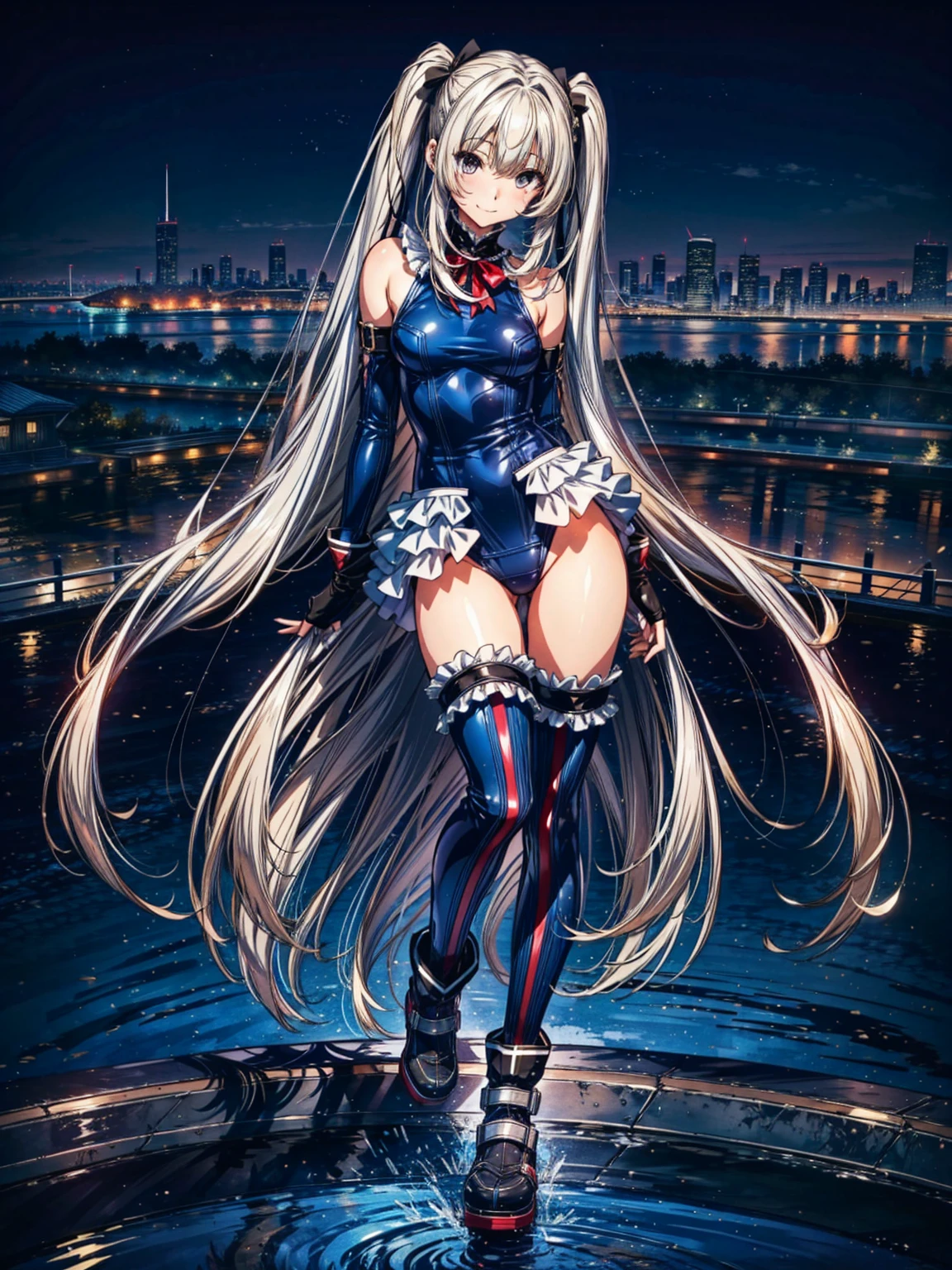 finest masterpiece, Super detailed, Highest quality, Sharp focus, 12k, ultra hi resolution picture, big ,12k,Perfect Anatomy, Highest quality, Marie Rose,Wicked Smile,Provocative attitude
,,Wicked Smile,Anime Style,(Frilled swimsuit, Knee socks, Removed sleeve), (Anime Style:1.4) ,
,(White fingers:1.1,Black gloves),
Hollow Eyes,,One Girl、(Futuristic cityscape),,(Very long hair:1.6),(whole body:1.3),
