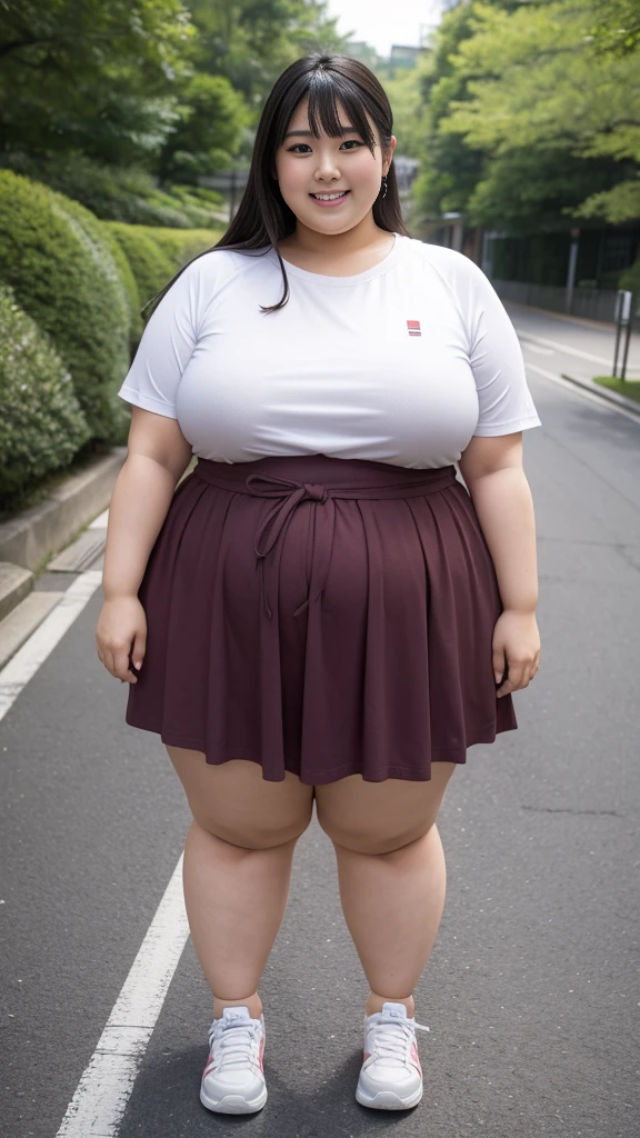 realistic depiction、super obeseのjapanese woman、super obese、Weight 300kg、very fat woman、japanese woman、laughter、Tight Skirt、outdoor、a bit、little woman、His height is only 145cm、short legs、go pro Japanese ssbbw, non nude, full shot, very beautiful face, super obese, full body, sweat parker, sneaker,, super obese japanese, gigantic 、super big belly