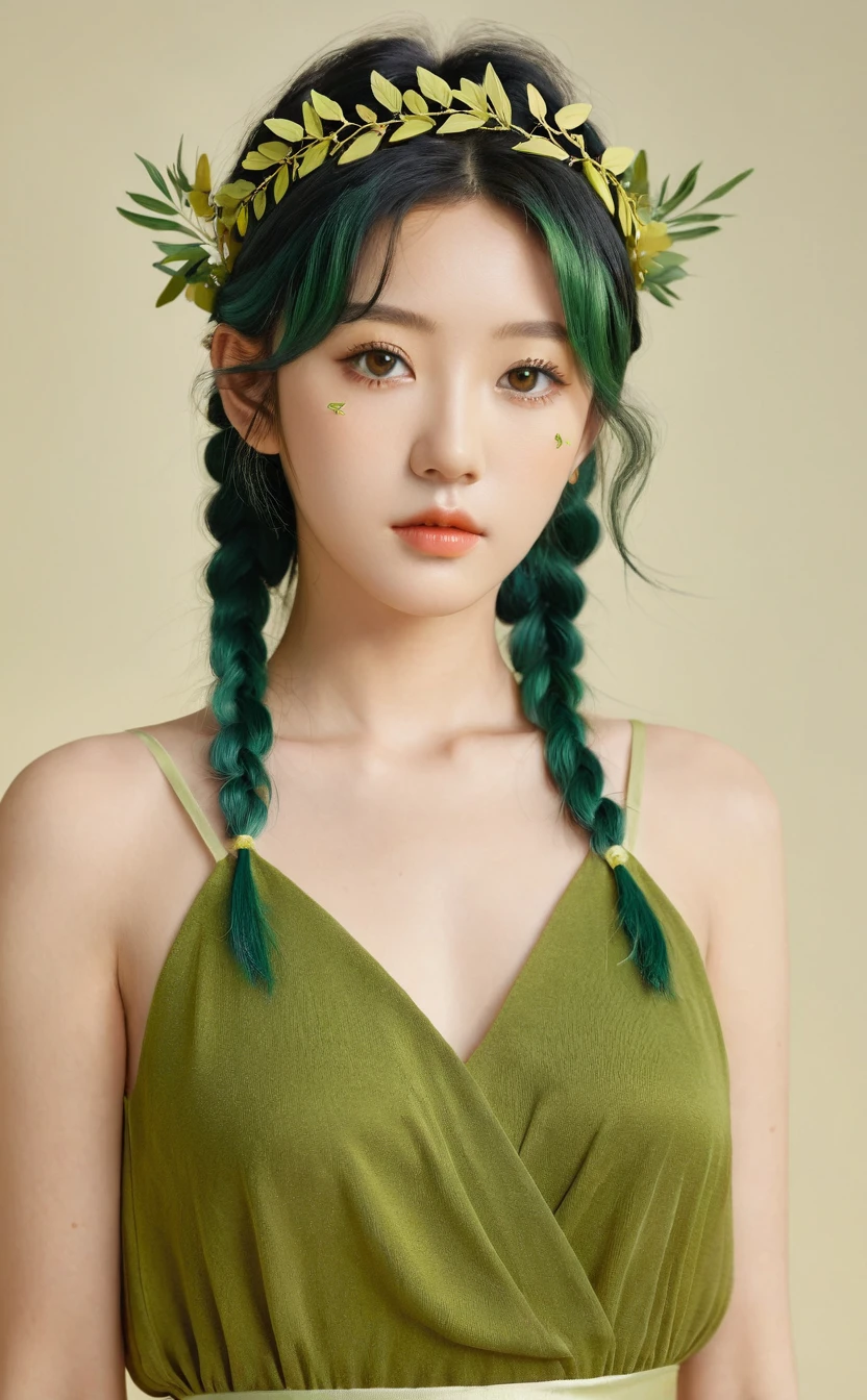 Realistic,Japanese young idol one girl portrait,Upper Body,Dark green hair,indoor,View your viewers,Simple Background,Part your lips,olive leaf tiara,Yellow-green Greek-style dress,Popular Korean makeup,photoRealistic,Gentle waves,Three yellow-green butterflies in the background
