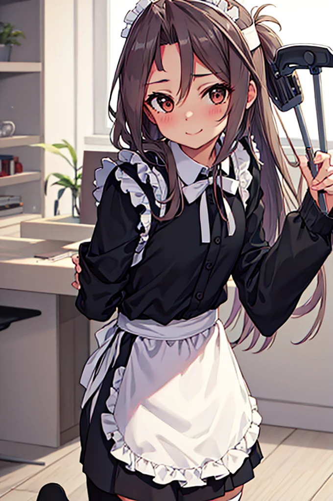 a anime version of a girl in maid outfit kneeling on a floor, 1girl, zuihou (kancolle), solo, long hair, alternate costume, maid, apron, enmaided, brown eyes, simple background, white background, breasts, looking back, seductive smile, Blood Mist,