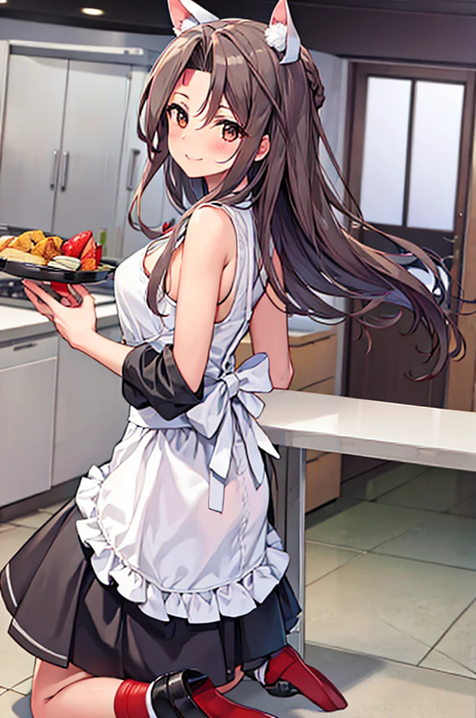 a anime version of a girl in maid outfit kneeling on a floor, 1girl, zuihou (kancolle), solo, long hair, alternate costume, maid, apron, enmaided, brown eyes, simple background, white background, breasts, looking back, seductive smile, Blood Mist,