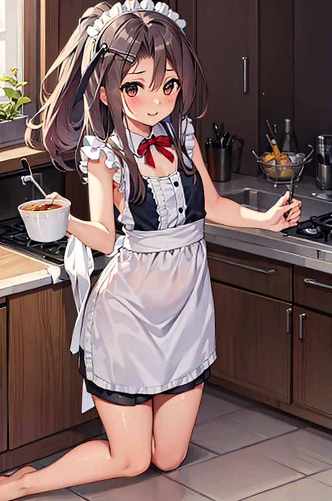 a anime version of a girl in maid outfit kneeling on a floor, 1girl, zuihou (kancolle), solo, long hair, alternate costume, maid, apron, enmaided, brown eyes, simple background, white background, breasts, looking back, seductive smile, Blood Mist,