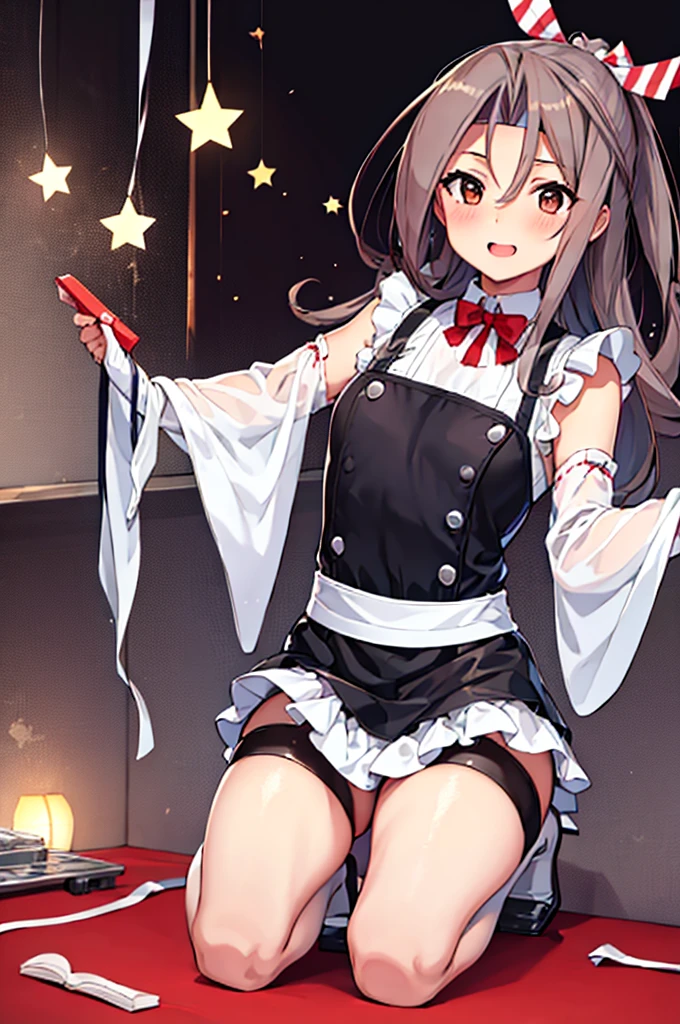 a anime version of a girl in maid outfit kneeling on a floor, 1girl, zuihou (kancolle), solo, long hair, alternate costume, maid, apron, enmaided, brown eyes, simple background, white background, breasts, looking back, seductive smile, Blood Mist,