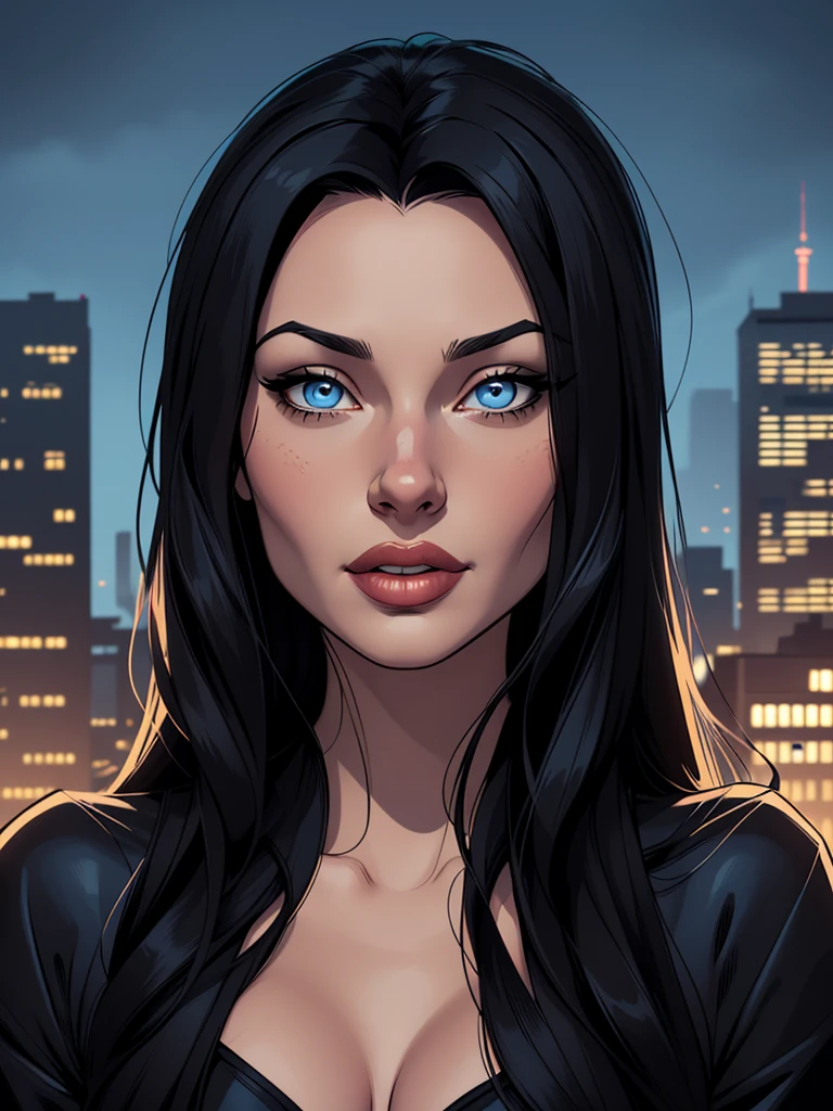 Morticia Addams style black hairCartoon image of a woman .cartoon style illustration, cartoon art style, cartoon art style, digital illustration style, highly detailed character design, cute detailed digital art, City fan art, Portrait Character Design, beautiful digital illustration, high-quality portrait, thick lips, small-nose, clear blue eyes, beautfull woman, comic style Comic art, young man expressing sexual desire, thin, teenage face