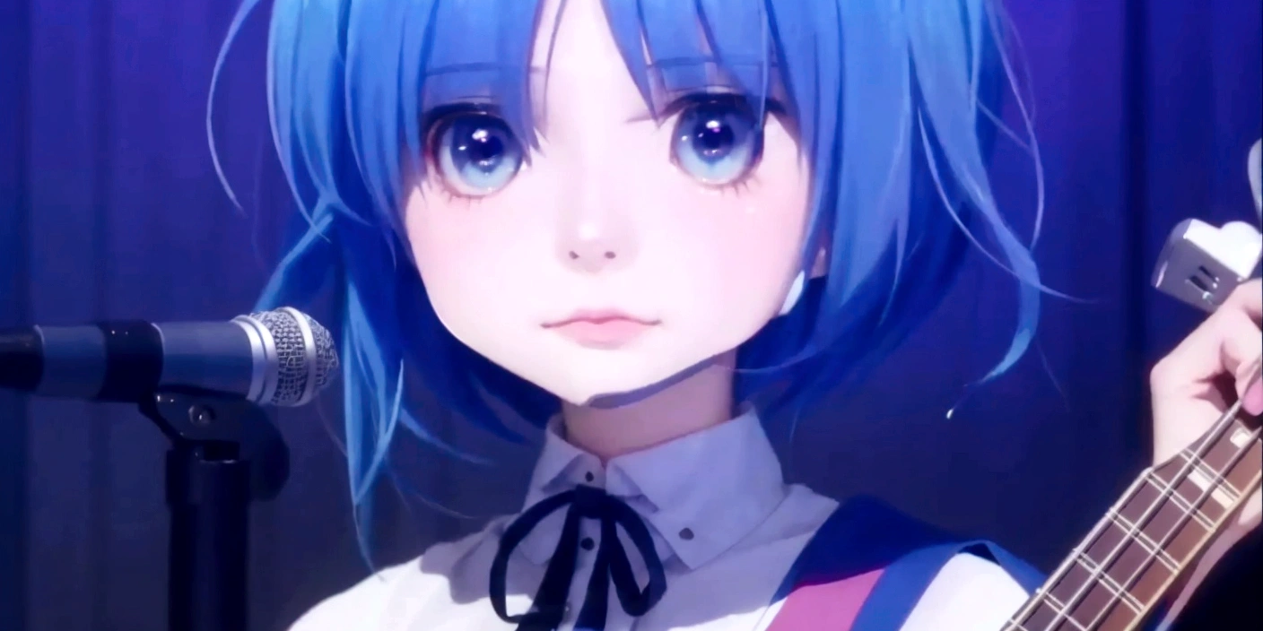 anime girl with blue hair and a guitar in front of a microphone, rei hiroe, short blue haired woman, sayori, anime moe artstyle, iwakura lain, 2 d anime style, fubuki, with blue hair, as an anime character, tsuaii, gapmoe yandere, yuyushiki, shikamimi, young anime girl