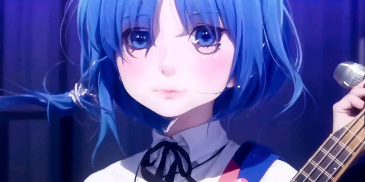 anime girl with blue hair and a guitar in front of a microphone, rei hiroe, short blue haired woman, sayori, anime moe artstyle, iwakura lain, 2 d anime style, fubuki, with blue hair, as an anime character, tsuaii, gapmoe yandere, yuyushiki, shikamimi, young anime girl