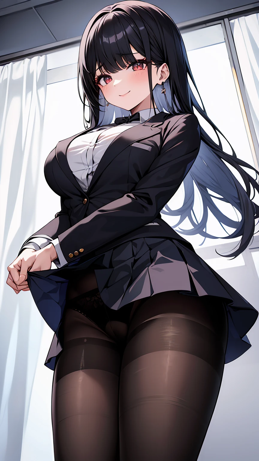 One Girl, Five Fingers, mini skirt, Looking down at the viewer, Black Hairロングヘアー, Highest quality, Focus on the thighs, Dynamic pose, smile, blazer, blouse, Black Pantyhose, panties under pantyhose, Standing Split, classroom, Black Hair, Stylish pose,My thighs and groin are steamy