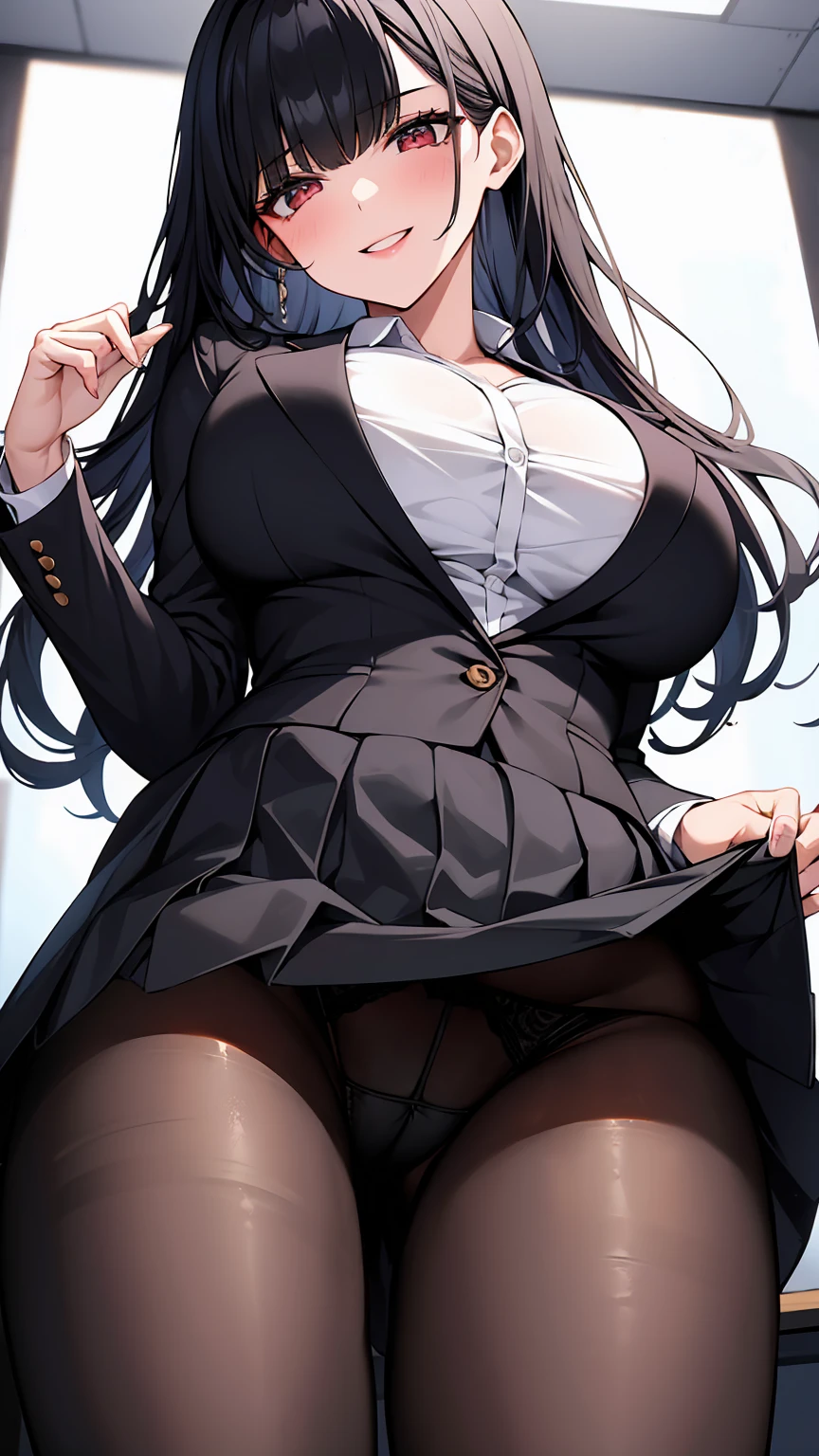 One Girl, Five Fingers, mini skirt, Looking down at the viewer, Black Hairロングヘアー, Highest quality, Focus on the thighs, Dynamic pose, smile, blazer, blouse, Black Pantyhose, panties under pantyhose, Standing Split, classroom, Black Hair, Stylish pose,My thighs and groin are steamy 