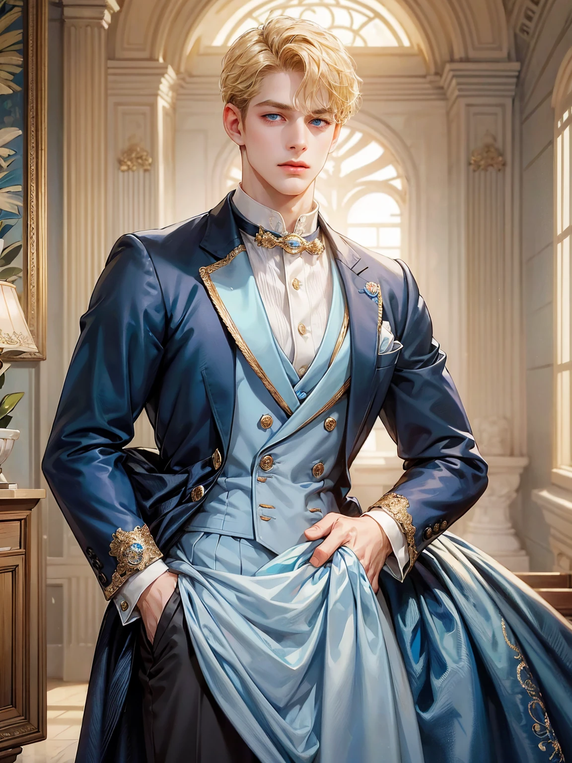 A boy, short blonde hair, wavy hair, sky blue eyes. He wears a blue Victorian-era man's suit. Handsome boy, detailed eyes, detailed face, detailed hands. He looks at the viewer. He has his hands in his pockets. Background inside of a hall