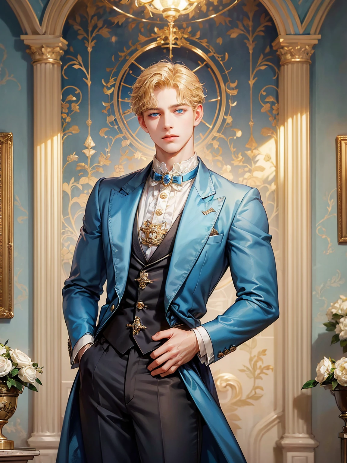 A boy, short blonde hair, wavy hair, sky blue eyes. He wears a blue Victorian-era man's suit. Handsome boy, detailed eyes, detailed face, detailed hands. He looks at the viewer. He has his hands in his pockets. Background inside of a hall