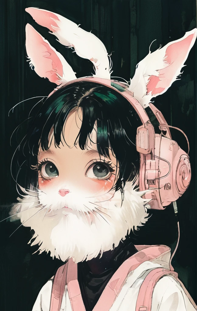 (highest quality, sketch:1.2), High resolution:0.75, Illustrator,anime, 1 girl, detailed lips, yukata、green dress,custom, (Dark monochrome background),neon hair,Texture Cropping, masterpiece, style, Retro Classic, Dark Black, Art Station, sketch book, bob hair [green:1.75] [neon:1.32], (Dark monochrome background:2.1), epic realistic, detailed、Girl, white hair, albino, beautiful, pastel pink shirt, pastel colors, lipgloss, brat, wide mouth, ethereal, submissive, white bunny ears, cute, fluffy ears, sweet, bunny teeth