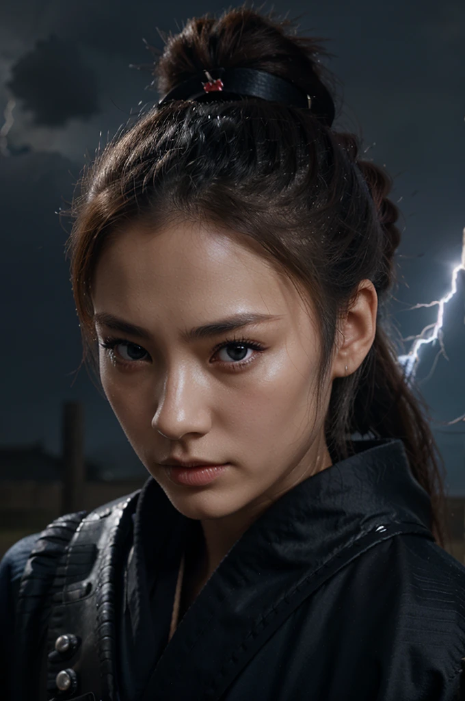 samurai woman, beautiful, holding a samurai, surrounded by lightning, blue eyes, black robe, ponytail