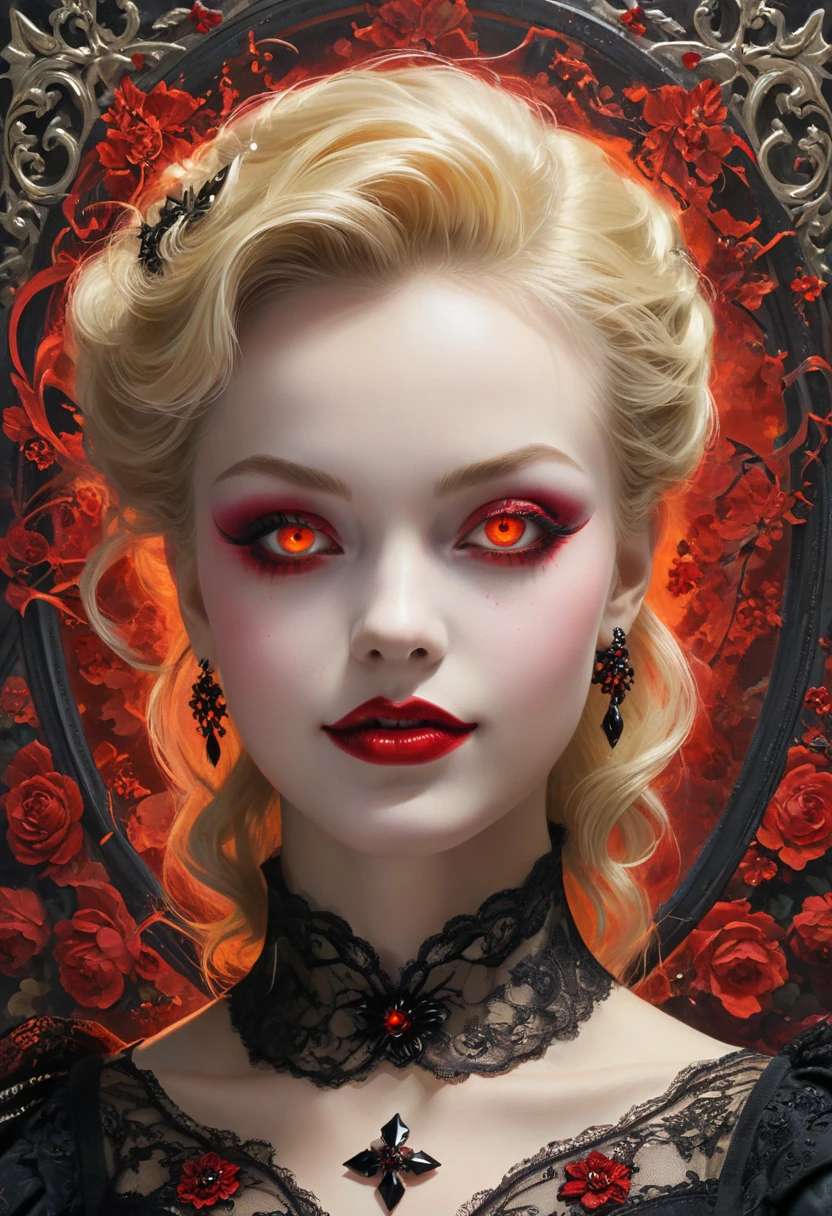 by Conrad Marca-Relli, (gothic noir , Classicism Art but extremely beautiful:1.4), (intricate details, masterpiece, best quality:1.4) ,
Conceptual Art, reference illustration, concept art, dynamic pose , looking at viewer, niji style,  glowing red eyes, evil smile, blonde hair,
