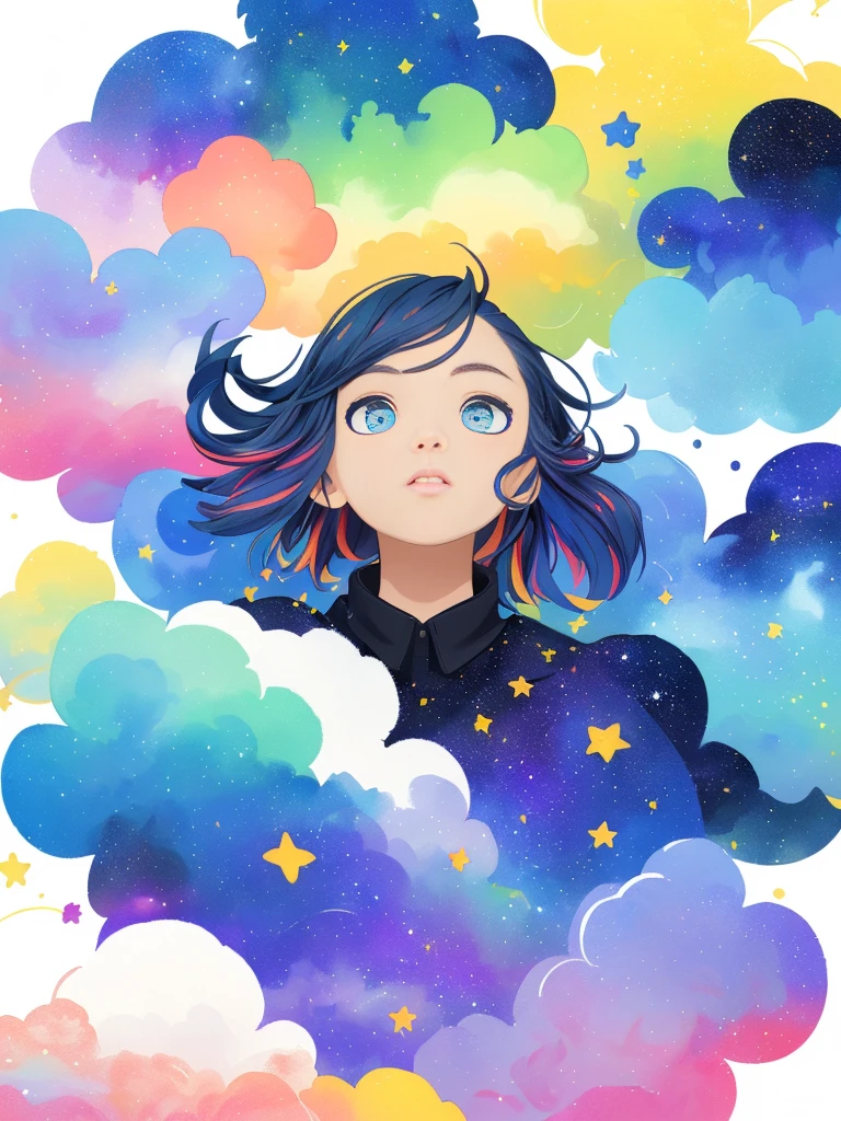 ((masterpiece)), (((best quality))), ((ultra-detailed)), ((illustration)),[realism light effect],shadow,(Fantasy style),(white background:1.6), simple background, (earth theme),(a clothes)[(hair focus,((1girl)),[(big slime hair): (cloud hair):0.3], (hair on background),(high saturation),(hair surrounded by galaxy splashes),)):((her hair is becoming galaxy clouds,:1.27628), (hair and clothes is galaxy clouds and cluster of stars:1.1025),(a clothes is becoming galaxy clouds)(colorful_galaxy_print_clusters_of_stars_print:1.35),((detailed starry sky with colorful galaxy and galaxy clouds):1.2)):0.35], (((masterpiece))),(((best quality))),((ultra-detailed)),(illustration),(dynamic angle),((floating)),(paint),((disheveled hair)),((beautiful detailed face)),collar,bare shoulders, ((colorful hair)),((streaked hair)),beautiful detailed eyes,(Gradient color eyes),(((colorful eyes))),(((colorful background))),(((high saturation))),(((surrounded by colorful splashes))),(((surrounded by colorful dot))),colorful bubble,((shining)),
