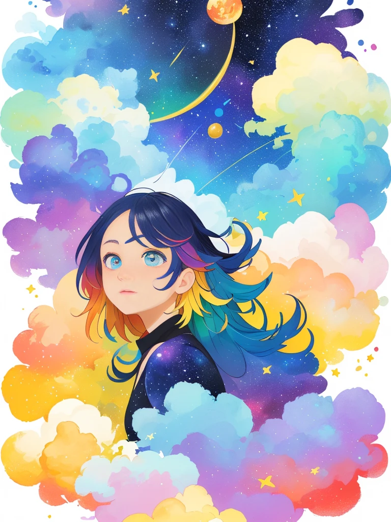 ((masterpiece)), (((best quality))), ((ultra-detailed)), ((illustration)),[realism light effect],shadow,(Fantasy style),(white background:1.6), simple background, (earth theme),(a clothes)[(hair focus,((1girl)),[(big slime hair): (cloud hair):0.3], (hair on background),(high saturation),(hair surrounded by galaxy splashes),)):((her hair is becoming galaxy clouds,:1.27628), (hair and clothes is galaxy clouds and cluster of stars:1.1025),(a clothes is becoming galaxy clouds)(colorful_galaxy_print_clusters_of_stars_print:1.35),((detailed starry sky with colorful galaxy and galaxy clouds):1.2)):0.35], (((masterpiece))),(((best quality))),((ultra-detailed)),(illustration),(dynamic angle),((floating)),(paint),((disheveled hair)),((beautiful detailed face)),collar,bare shoulders, ((colorful hair)),((streaked hair)),beautiful detailed eyes,(Gradient color eyes),(((colorful eyes))),(((colorful background))),(((high saturation))),(((surrounded by colorful splashes))),(((surrounded by colorful dot))),colorful bubble,((shining)),