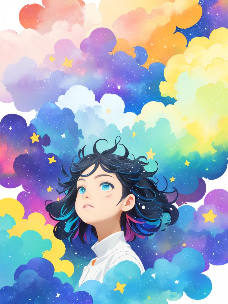 ((masterpiece)), (((best quality))), ((ultra-detailed)), ((illustration)),[realism light effect],shadow,(Fantasy style),(white background:1.6), simple background, (earth theme),(a clothes)[(hair focus,((1girl)),[(big slime hair): (cloud hair):0.3], (hair on background),(high saturation),(hair surrounded by galaxy splashes),)):((her hair is becoming galaxy clouds,:1.27628), (hair and clothes is galaxy clouds and cluster of stars:1.1025),(a clothes is becoming galaxy clouds)(colorful_galaxy_print_clusters_of_stars_print:1.35),((detailed starry sky with colorful galaxy and galaxy clouds):1.2)):0.35], (((masterpiece))),(((best quality))),((ultra-detailed)),(illustration),(dynamic angle),((floating)),(paint),((disheveled hair)),((beautiful detailed face)),collar,bare shoulders, ((colorful hair)),((streaked hair)),beautiful detailed eyes,(Gradient color eyes),(((colorful eyes))),(((colorful background))),(((high saturation))),(((surrounded by colorful splashes))),(((surrounded by colorful dot))),colorful bubble,((shining)),