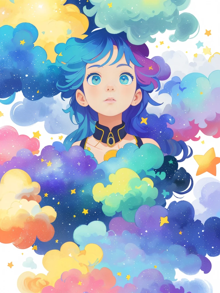 ((masterpiece)), (((best quality))), ((ultra-detailed)), ((illustration)),[realism light effect],shadow,(Fantasy style),(white background:1.6), simple background, (earth theme),(a clothes)[(hair focus,((1girl)),[(big slime hair): (cloud hair):0.3], (hair on background),(high saturation),(hair surrounded by galaxy splashes),)):((her hair is becoming galaxy clouds,:1.27628), (hair and clothes is galaxy clouds and cluster of stars:1.1025),(a clothes is becoming galaxy clouds)(colorful_galaxy_print_clusters_of_stars_print:1.35),((detailed starry sky with colorful galaxy and galaxy clouds):1.2)):0.35], (((masterpiece))),(((best quality))),((ultra-detailed)),(illustration),(dynamic angle),((floating)),(paint),((disheveled hair)),((beautiful detailed face)),collar,bare shoulders, ((colorful hair)),((streaked hair)),beautiful detailed eyes,(Gradient color eyes),(((colorful eyes))),(((colorful background))),(((high saturation))),(((surrounded by colorful splashes))),(((surrounded by colorful dot))),colorful bubble,((shining)),