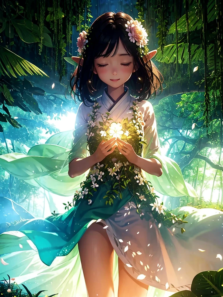 Forest Fairy、The wind and petals fly from my hands.、woman、smile、Long ears、Floral Dress、Race、Gorgeous Accessories、in the forest、wood々The sunlight shines in、Close up of upper body from below、delicate、colorful、