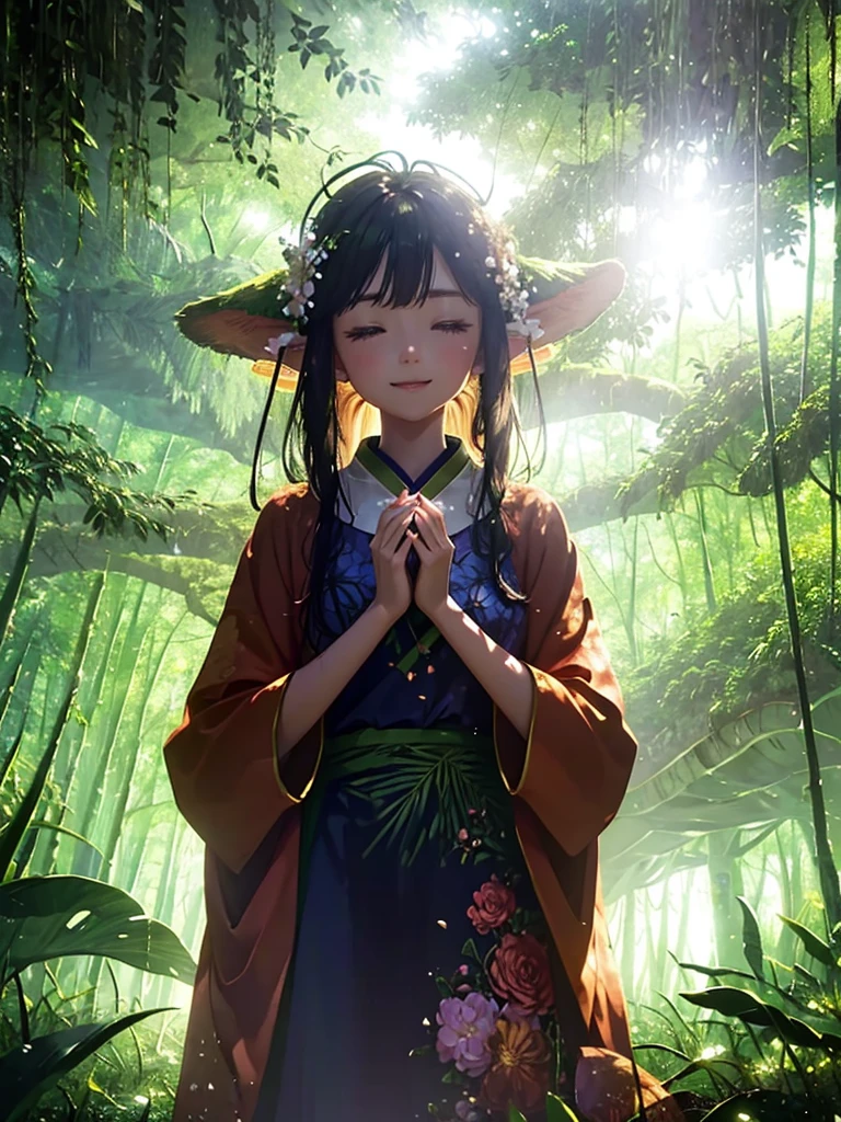 Forest Fairy、The wind and petals fly from my hands.、woman、smile、Long ears、Floral Dress、Race、Gorgeous Accessories、in the forest、wood々The sunlight shines in、Close up of upper body from below、delicate、colorful、
