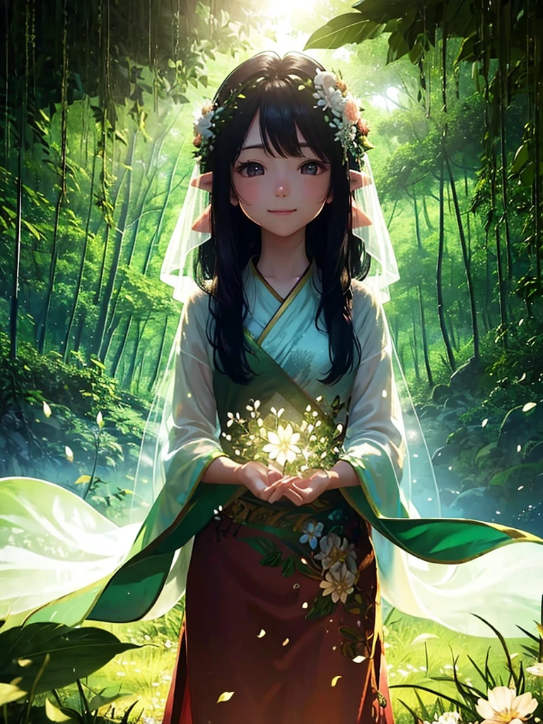 Forest Fairy、The wind and petals fly from my hands.、woman、smile、Long ears、Floral Dress、Race、Gorgeous Accessories、in the forest、wood々The sunlight shines in、Close up of upper body from below、delicate、colorful、