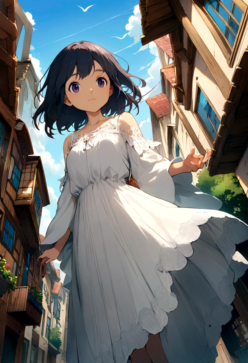 White lace、By Studio Ghibli、Highest quality、masterpiece、Very aesthetic、Perfect composition、Intricate details、Super detailed and cute、Girl、Fluttering wind。Golden Ratio、blue sky、Streetscape