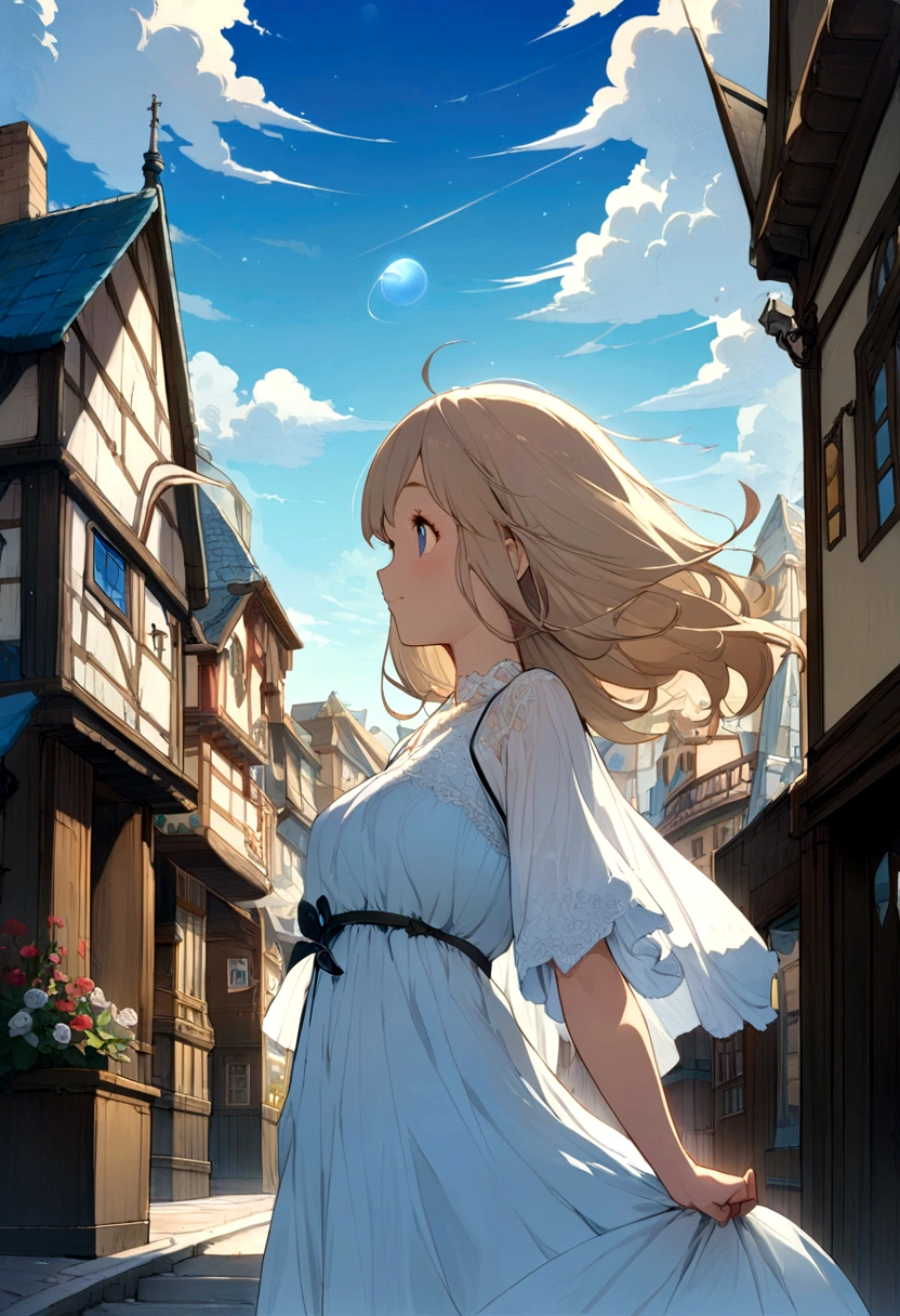 White lace、By Studio Ghibli、Highest quality、masterpiece、Very aesthetic、Perfect composition、Intricate details、Super detailed and cute、Girl、Fluttering wind。Golden Ratio、blue sky、Streetscape
