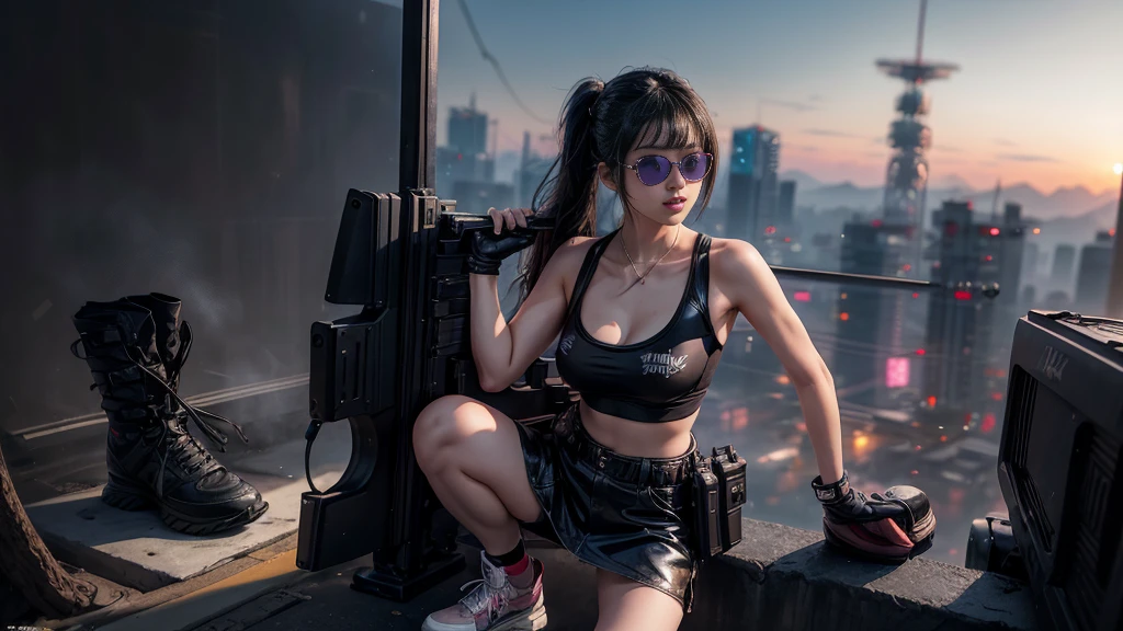 8k, Realistic Skin Texture, Realistic Photo, Neo Tokyo, slim Japanese women, large-breast:1.3 cleavage:1.2, AD2050 at night, Dirty hunting jacket, Wearing tube top, miniskirt, (((black sunglasses, automatic rifle, sneakers, cold, shooting pose, low angle view))), Innovative composition, revenge, cyberpunk, blade runner worldview, Large neon sign, Geisha hologram sign, Strong Wakamoto Sign.