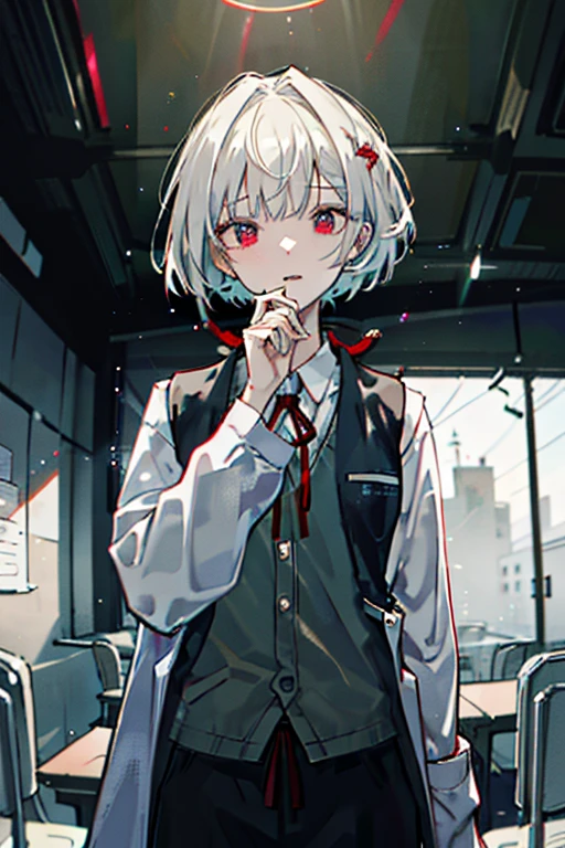 female　grey hair　((caramel eyes))　short hair　in the classroom　white shirt　Pose with movement　one person   ((((wearing Doctor Gown))))　((chain in background))  ((Black vest  red ribbon-tie pant Decisive pose　masterpiece))　Highest image quality　noise removal　clear parts 　cinematic shadow　Increased attractiveness of the eyes　clear parts the shine of the eyes　Draw eyelashes neatly　perfect eyes　detailed eyes　Sharpen image quality　Sharpen eye writing　clear parts eye shape, ((with glass chess motif at the center with a stylized ornament in the background)), chains, ((chains in background)), ((grasping the chain in left hand)) , ((holding a prefect apple in one hand, 1solo apple)), ((beautiful playing card King border as background)), face close up， the masterpiece， Best quality：1.2）， 8K，(1 girl, Upper body:1.7), masterpiece, Best quality, 8K, absurd, Beautiful face, summer , perspective, depth of field, from below, metal signs, Building, bright white light classroom, brand new classroom, school desk and chairs, books, white light, Slim, HDR, (Bypassing bleach, ginnokoshi:0.8), face world, cinematic lighting, Professional lighting, high contrast, Sharp Focus, a high resolution, photo, hyperrealistic, ultra detailed, sharp detailed, small parts，Official art， Hoang Lap， Gothic，（smokey eye shadow with glitter， Glazed pink red lip：0.9）， very detail and bright background， HDR， Face light， hyperrealistic， a high resolution， photo， granularity， color difference， Sharp Focus， HDR， Face light source， dynamic lighting， cinematic lighting， Professional shadows， dark shadow， highest detail，very detailed，Hyper detail，small parts，white shirt，Exquisite facial features，detailed faces and eyes