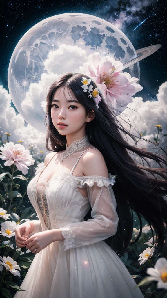 (analog photo:1.2),((dynamic pose:1.2),(dynamic camera),fantasy style, On the moon full of flowers, an young woman with long lace dress, long hair,walking happily on the flowers moon, looking to camera, The background is the space background, and Earth, stars, and other planets can be seen flying ribbons,design, lighting, photography, cute, realistic, ultra realistic, real photography, photorealistic, Photo taken on a Mamiya ARZ67 with Portra 400 film, aperture 4, shutter speed 125 stardust  concept art,, (natural colors, correct white balance, color correction, dehaze,clarity), (composition centering, conceptual photography)),(midnight hour, high quality, film grain), (natural colors, correct white balance, color correction, dehaze,clarity)