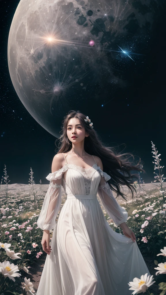 (analog photo:1.2),((dynamic pose:1.2),(dynamic camera),fantasy style, On the moon full of flowers, an young woman with long lace dress, long hair,walking happily on the flowers moon, looking to camera, The background is the space background, and Earth, stars, and other planets can be seen flying ribbons,design, lighting, photography, cute, realistic, ultra realistic, real photography, photorealistic, Photo taken on a Mamiya ARZ67 with Portra 400 film, aperture 4, shutter speed 125 stardust  concept art,, (natural colors, correct white balance, color correction, dehaze,clarity), (composition centering, conceptual photography)),(midnight hour, high quality, film grain), (natural colors, correct white balance, color correction, dehaze,clarity)