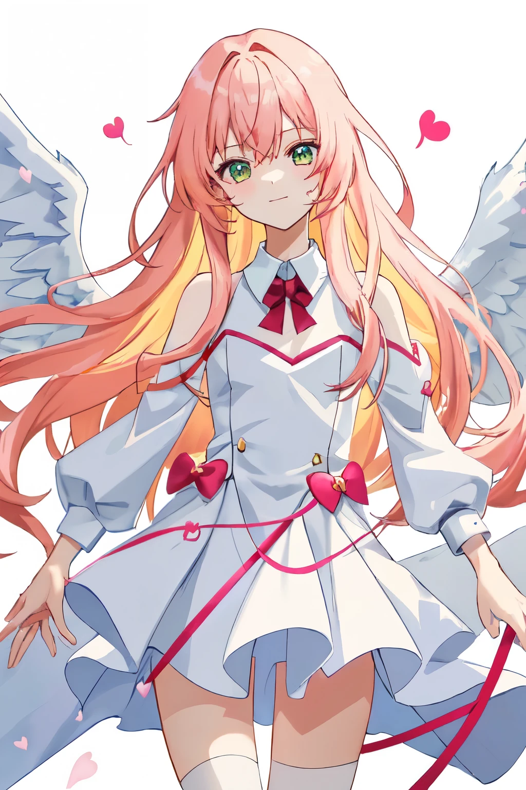 1_girl, (anime, kawai:2), (masterpeice, best_quality, clean:1.5), (sky_background:1.2), (cute, cute_smile, young:1.5), (delicate, extremely_delicate, beautiful, thin:1.5), (girlfriend, angel:1.8), (green_eyes, simple_eyes:1.8) (long_hair, blond_hair, wearing_pink_dress, pink_angel_wings, sexy_gloves:1.5), extremely_delicate, (love_magic:1.5), (age_size_fits_body), (small_thighs:1.3), (breasts), (eye_level:1.3), (heart_magic, love:1.5), (folded_legs:1.5), (combat:1.5)