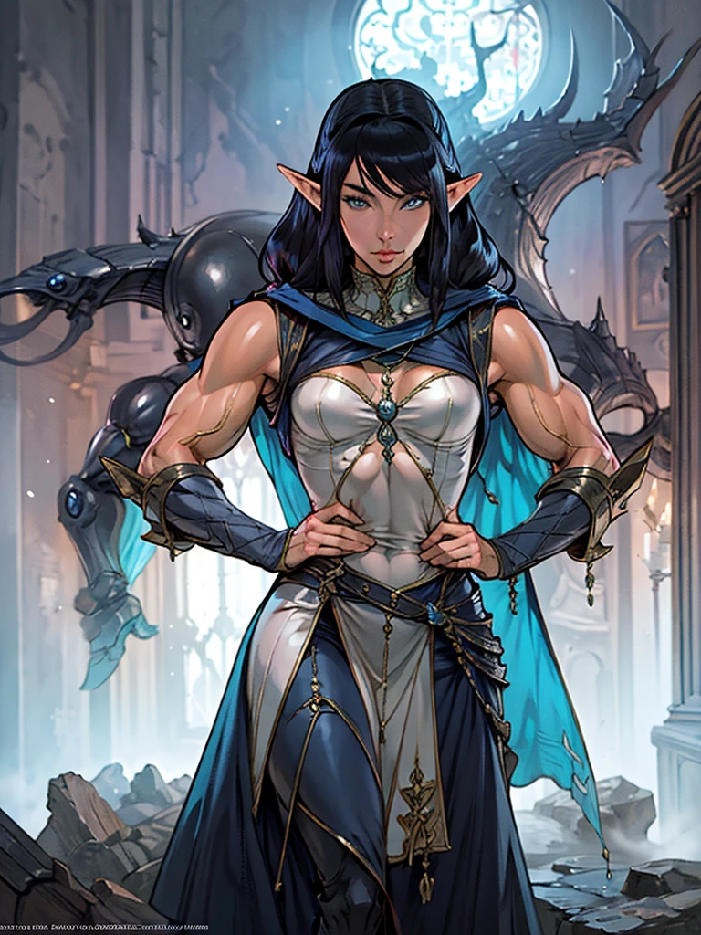 stunningly beautiful elfess, large well-trained muscles, very impressive hypermuscular physique, magical and mysterious, bulging feminine proportions, perfect and flawless slender muscular body, vascular massive biceps, deep black hair, pale chaik white skin, female elf wizard in fantasy setting