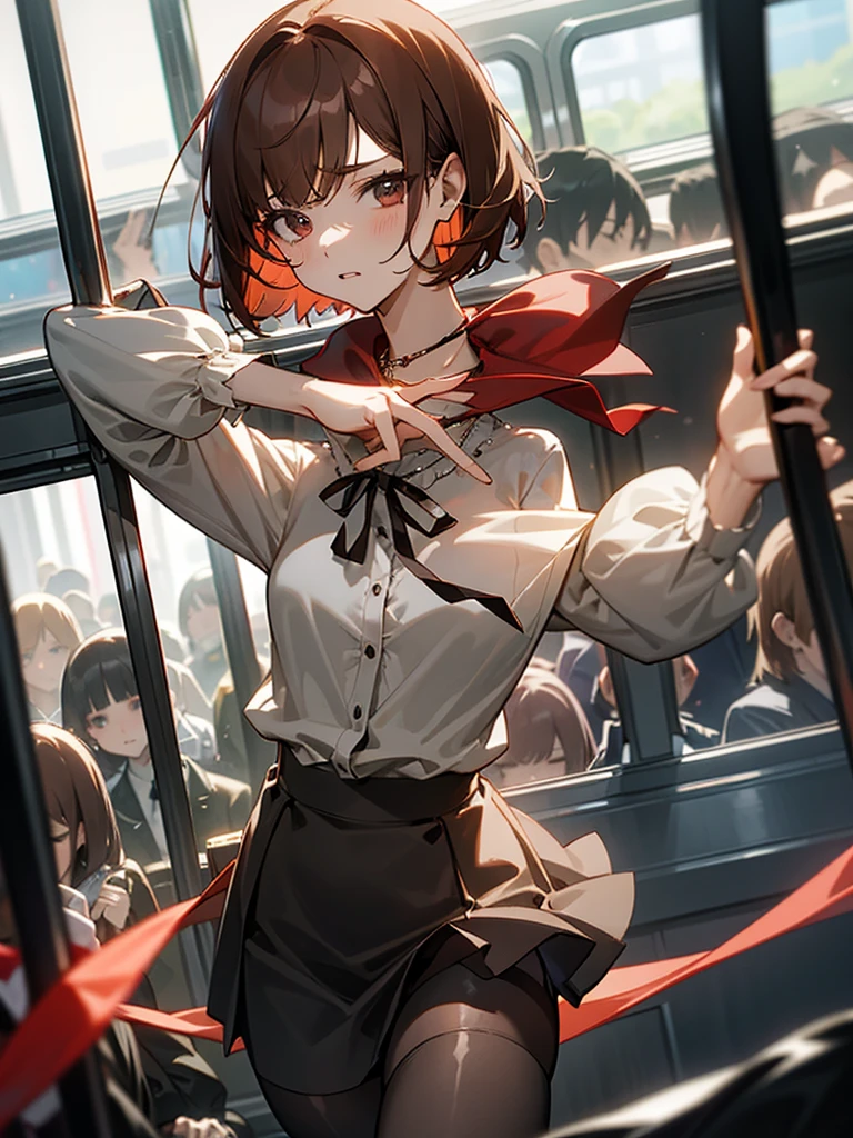 Reddish brown short length hair、gray chiffon blouse、Flared sleeves、ボウタイ、ribbon、Tight Skirt、Black Stockings、necklace、TİTS、slender、In a crowded train、Messed up、slender、High resolution face、おっぱい